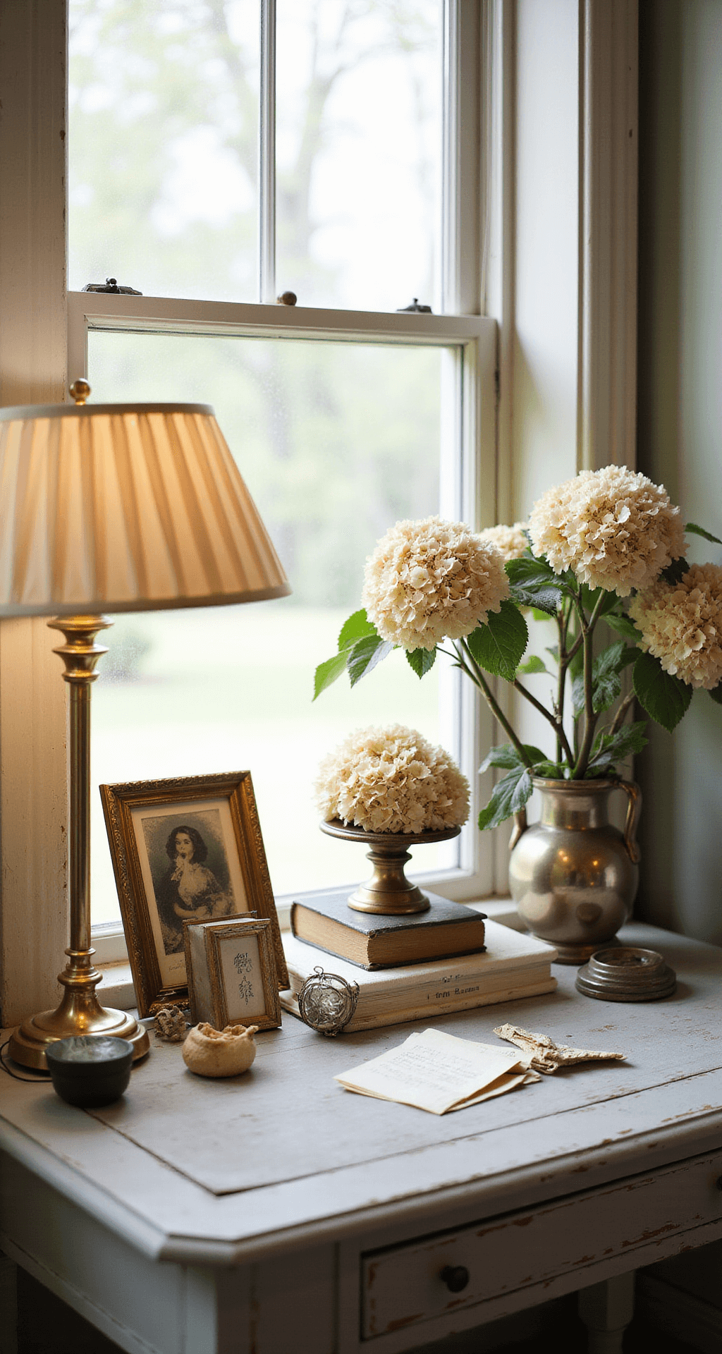 A dove gray French provincial writing desk bathed in morning light, featuring a brass lamp, vintage postcards, mercury glass vessels, and dried hydrangeas in antique pottery.