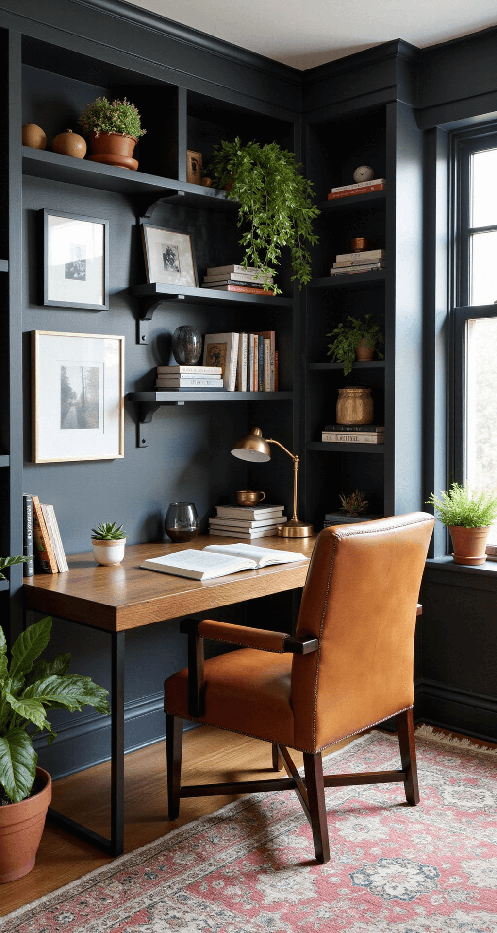 A stylish home office corner with 10ft high matte charcoal built-in bookshelves, a modern walnut and brass desk, a cognac leather chair, a gallery wall of black and white photos, a vintage Persian rug, and brass desk accessories surrounded by trailing plants.