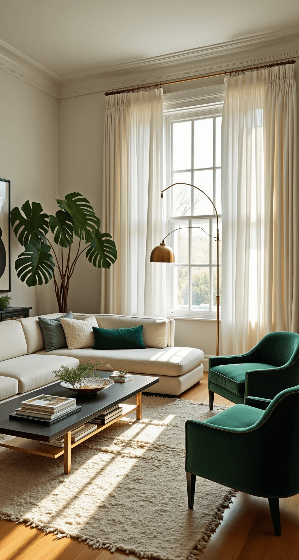 Spacious living room featuring a curved ivory bouclé sofa, emerald velvet accent chairs, and layered Moroccan rugs, bathed in golden hour light filtering through sheer white curtains, with dramatic shadows cast by a brass floor lamp.
