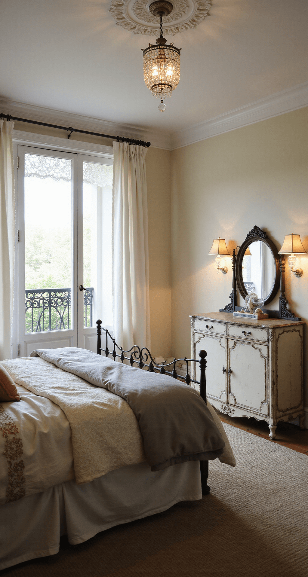 A spacious master bedroom sanctuary featuring a wrought-iron bed layered with vintage linens in cream, pale pink, and grey, antique lace panels letting in early morning light, a chippy white vanity with a tarnished mirror, and crystal sconces casting a soft glow, all captured from a low angle to highlight the 10ft ceilings and architectural details.