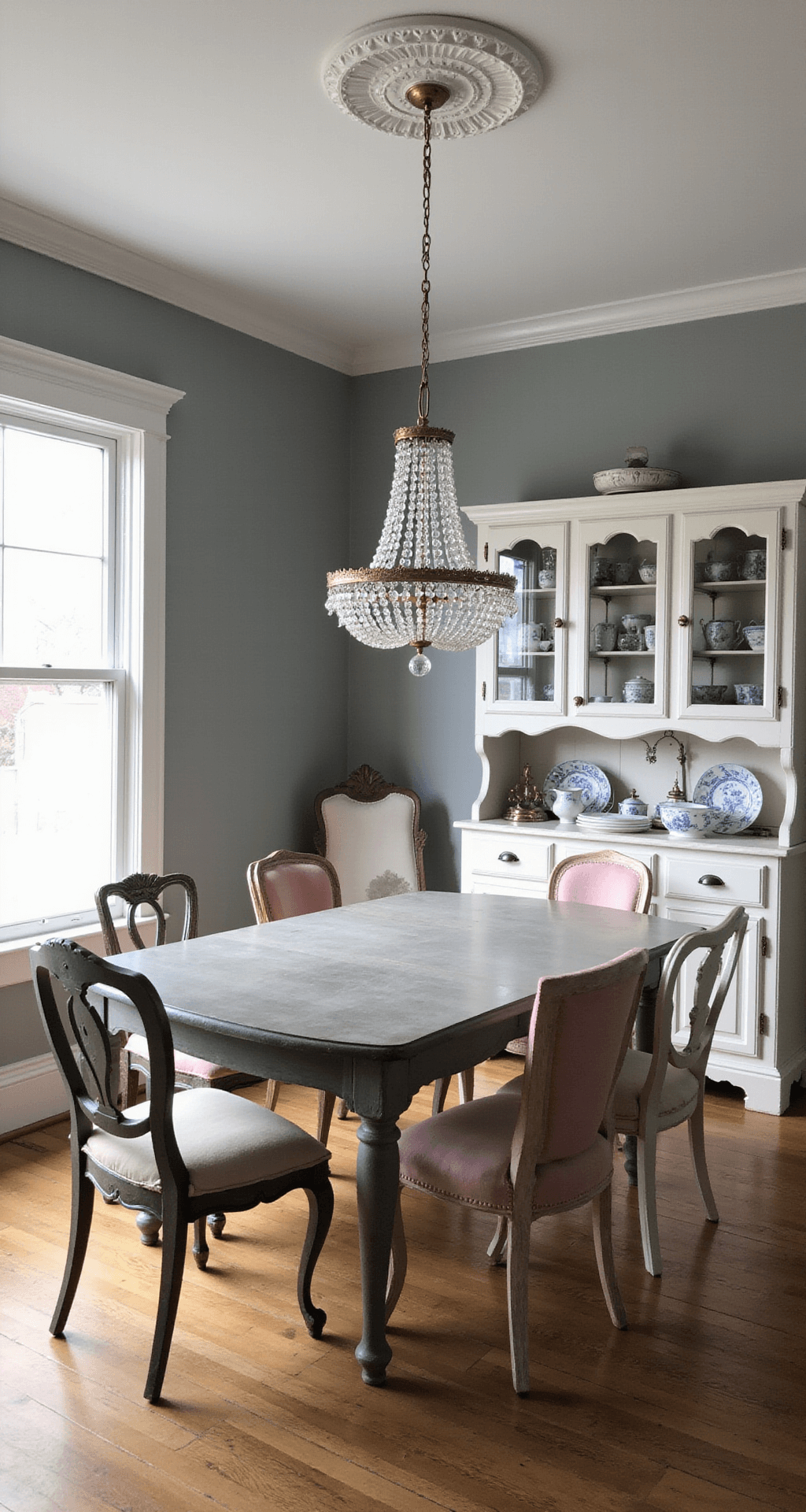 Intimate dining room with vintage chandelier and weathered farmhouse table surrounded by mix-matched chairs, showcasing antique porcelain in a white china cabinet, all bathed in soft afternoon light.