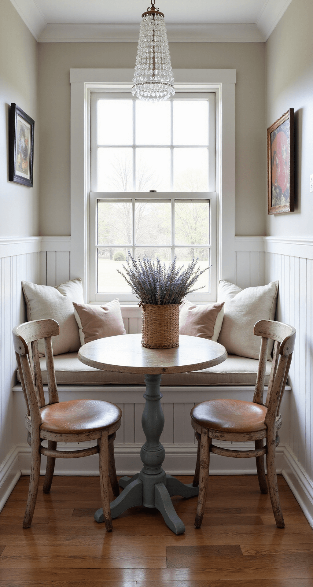 Cozy breakfast nook with a built-in window seat, illuminated by morning light, featuring white beadboard walls, a rustic round table, vintage French cafe chairs, an antique basket of dried lavender, and a crystal pendant light.