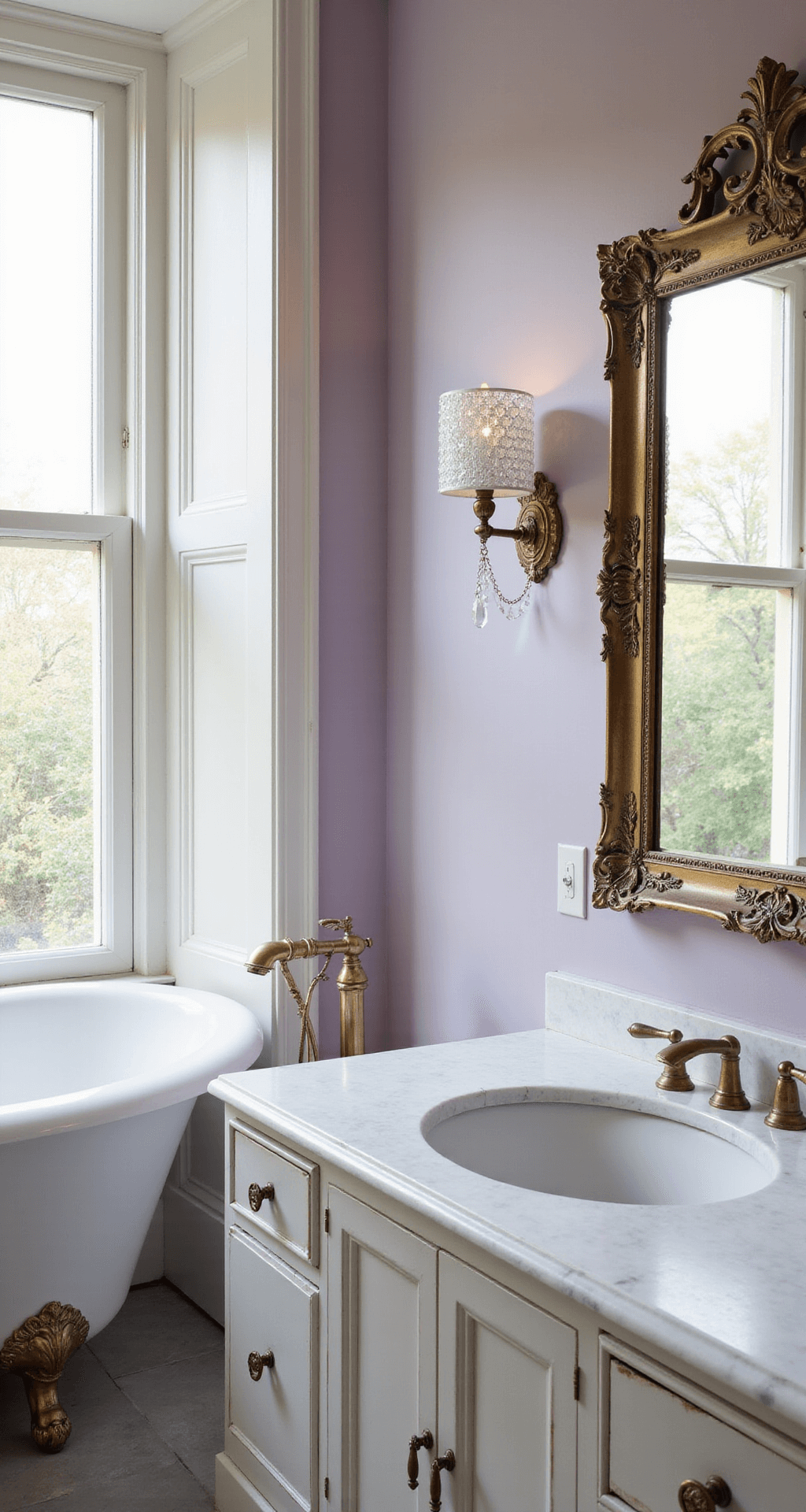 A romantic bathroom retreat featuring a clawfoot tub as the centerpiece, surrounded by pale lavender walls and white architectural trim. Soft afternoon light filters through frosted windows, illuminating a vintage mirror with a gilded frame. An elegant white marble vanity with antique brass fixtures complements the scene, while crystal wall sconces cast warm light, enhancing the dreamy atmosphere.