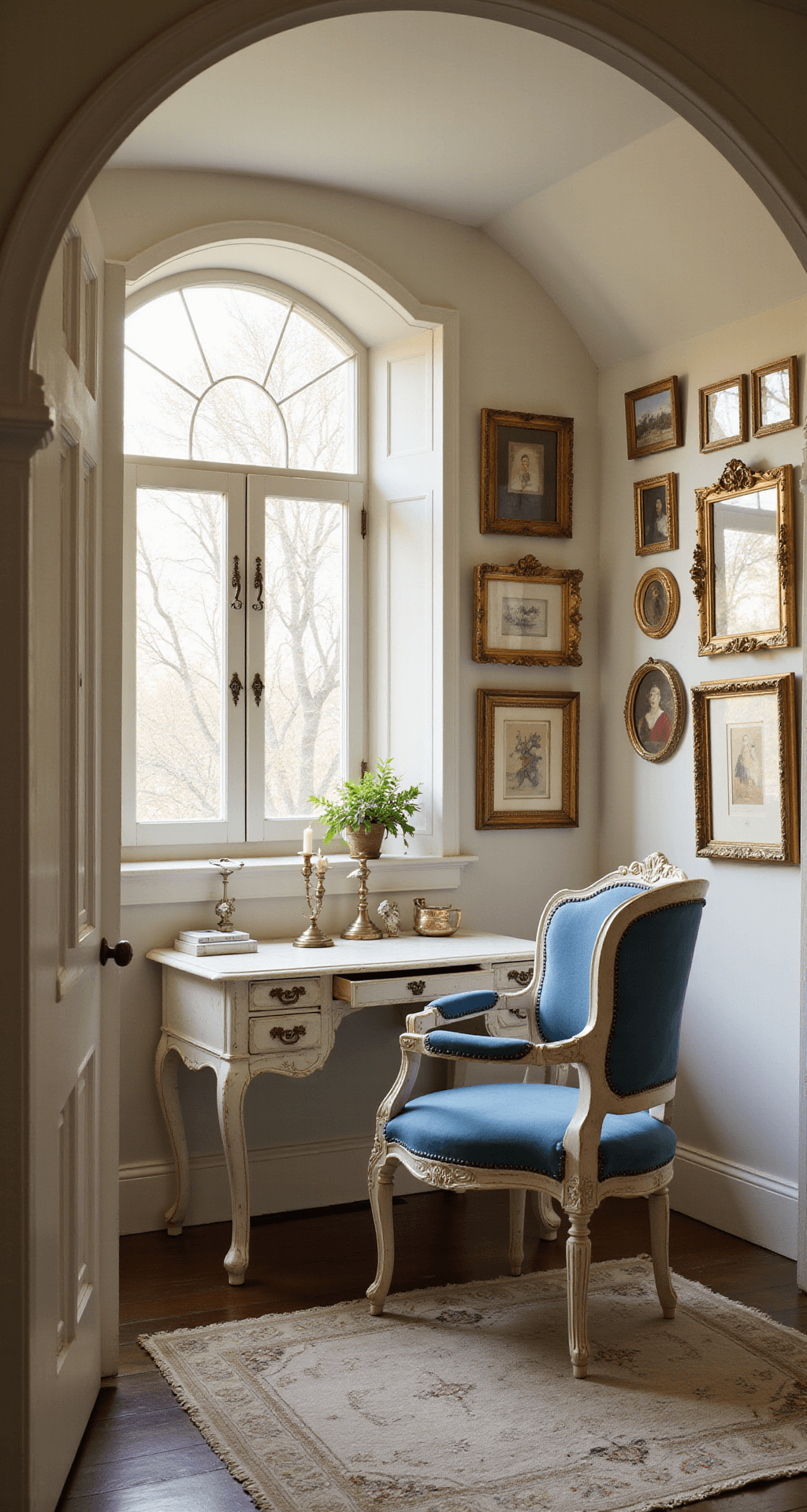 A cozy home office alcove with an arched ceiling, illuminated by warm golden afternoon light filtering through vintage lace panels. The distressed white writing desk with curved legs showcases aged brass accessories, while a Louis XV chair with a weathered white frame and faded blue velvet upholstery adds elegance. A gallery of vintage gilt frames adorns the wall, and the image is captured from the doorway, emphasizing depth and architectural details.