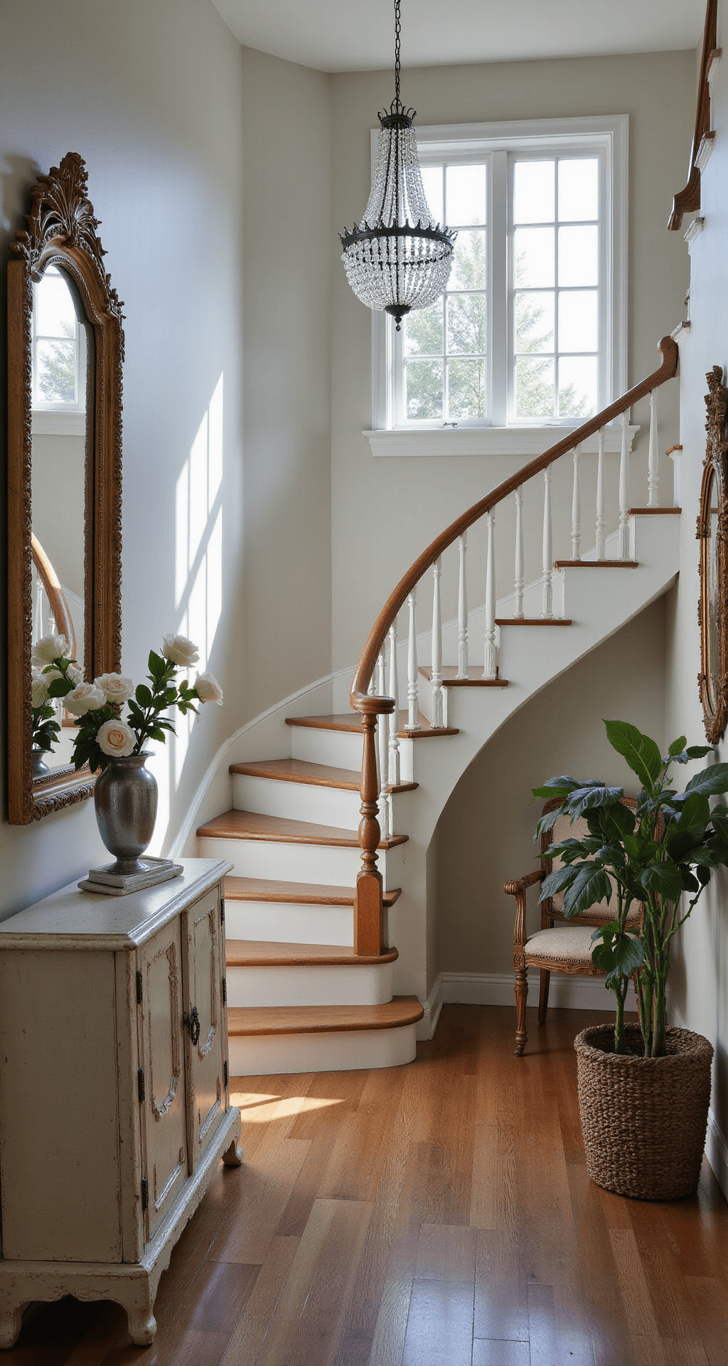 Welcoming entryway featuring a curved staircase, bathed in morning light from a transom window. A large, ornate mirror with a chippy gilt frame reflects light, while an antique console table in a distressed cream finish holds mercury glass vases filled with fresh roses. A vintage chandelier with crystal drops hangs above, creating a dramatic perspective shot from the bottom of the stairs.