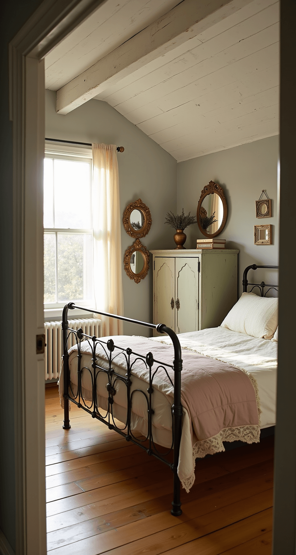 A sunlit farmhouse bedroom featuring a distressed iron bed with vintage linens, a weathered sage green armoire, and ornate mirrors on pale gray walls, all captured with warm golden tones and soft natural light.