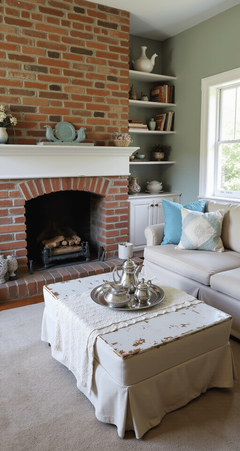 Cozy cottage living room in soft morning light, featuring an original brick fireplace with a chippy white mantel, built-in shelves with vintage books and pottery, oversized slipcovered sofa with patchwork pillows, and a distressed white coffee table with a silver tea service on a lace runner.