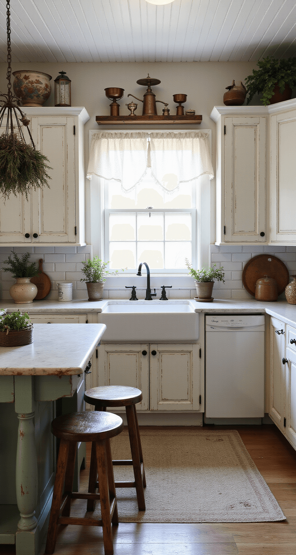 Rustic farmhouse kitchen featuring beadboard ceiling, white cabinets with wear patterns, large farmhouse sink, vintage copper and brass scale collection, distressed pine island with marble top, painted stools, hanging dried herbs, all illuminated by soft afternoon light.