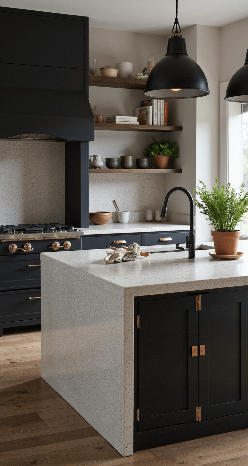 A stylish kitchen vignette featuring a waterfall island with quartzite countertops, matte black cabinets, and brass hardware, illuminated by afternoon light. Industrial-style pendant lights cast dramatic shadows, while open shelving showcases curated ceramics and cookbooks. Fresh herbs in terra cotta pots introduce an organic touch, with an emphasis on clean lines and luxurious materials.