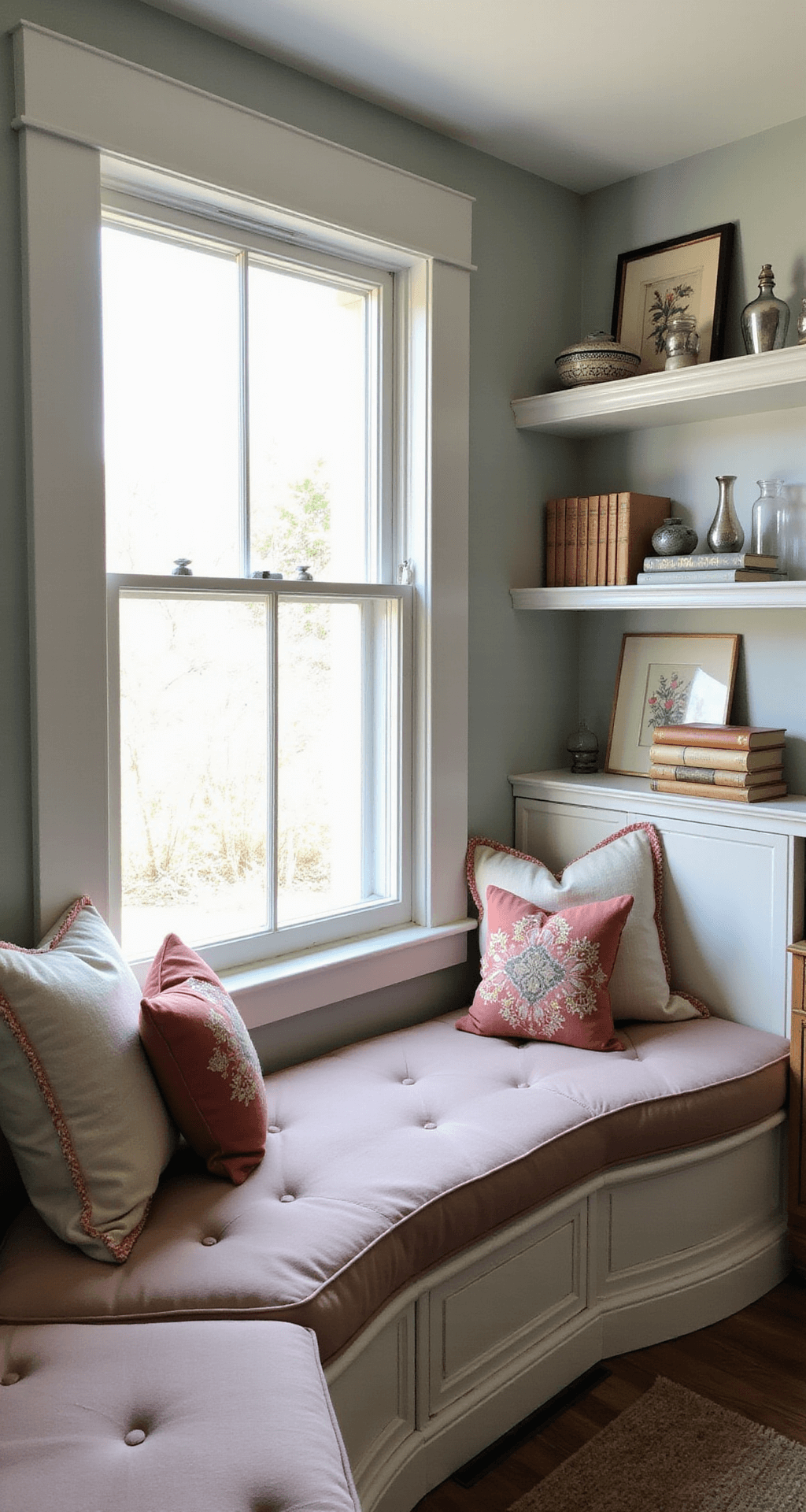 A cozy 10x12ft home office nook featuring a curved window seat with tufted muted rose linen cushions and vintage needlepoint pillows. An antique weathered oak writing desk is angled, adorned with mercury glass vessels, while whitewashed floating shelves display vintage books and botanical prints, all captured in soft diffused daylight.