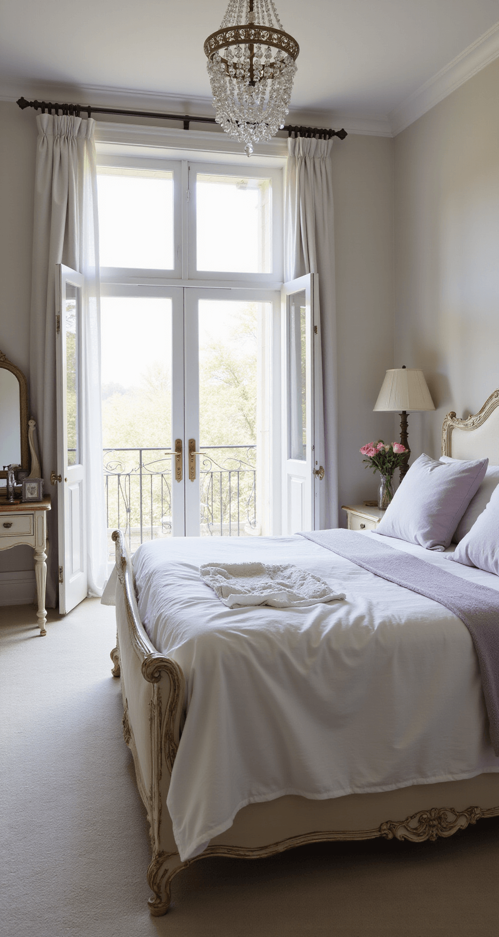 A light-filled master bedroom featuring French doors to a small balcony, sheer white curtains, a king-sized bed with an ornate distressed cream headboard, vintage French linens in soft whites and lavenders, and an antique dressing table with a triple mirror, all illuminated by a crystal chandelier.
