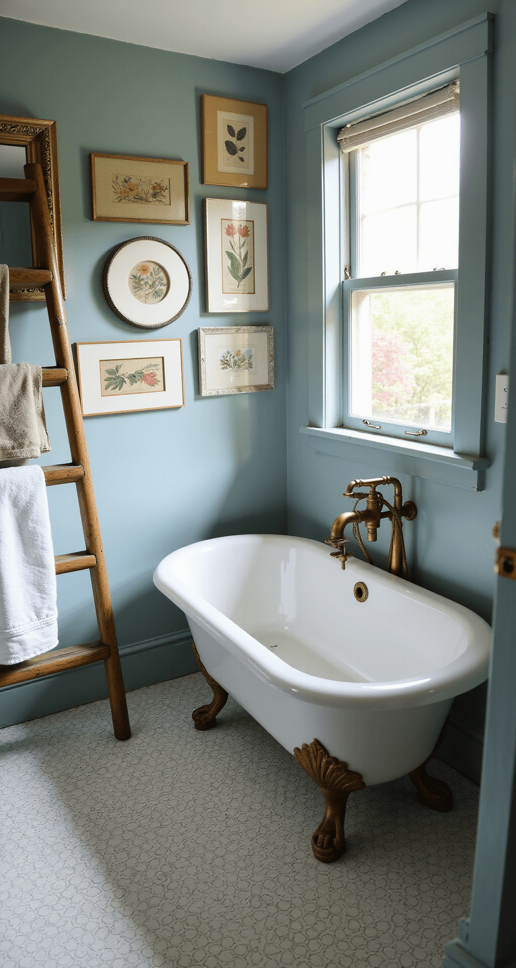 A charming powder room featuring a vintage clawfoot tub with brass fixtures, white penny tile flooring, a distressed wooden ladder displaying antique linens, a Victorian mirror reflecting light, and botanical prints on pale blue walls, all bathed in warm late afternoon light.