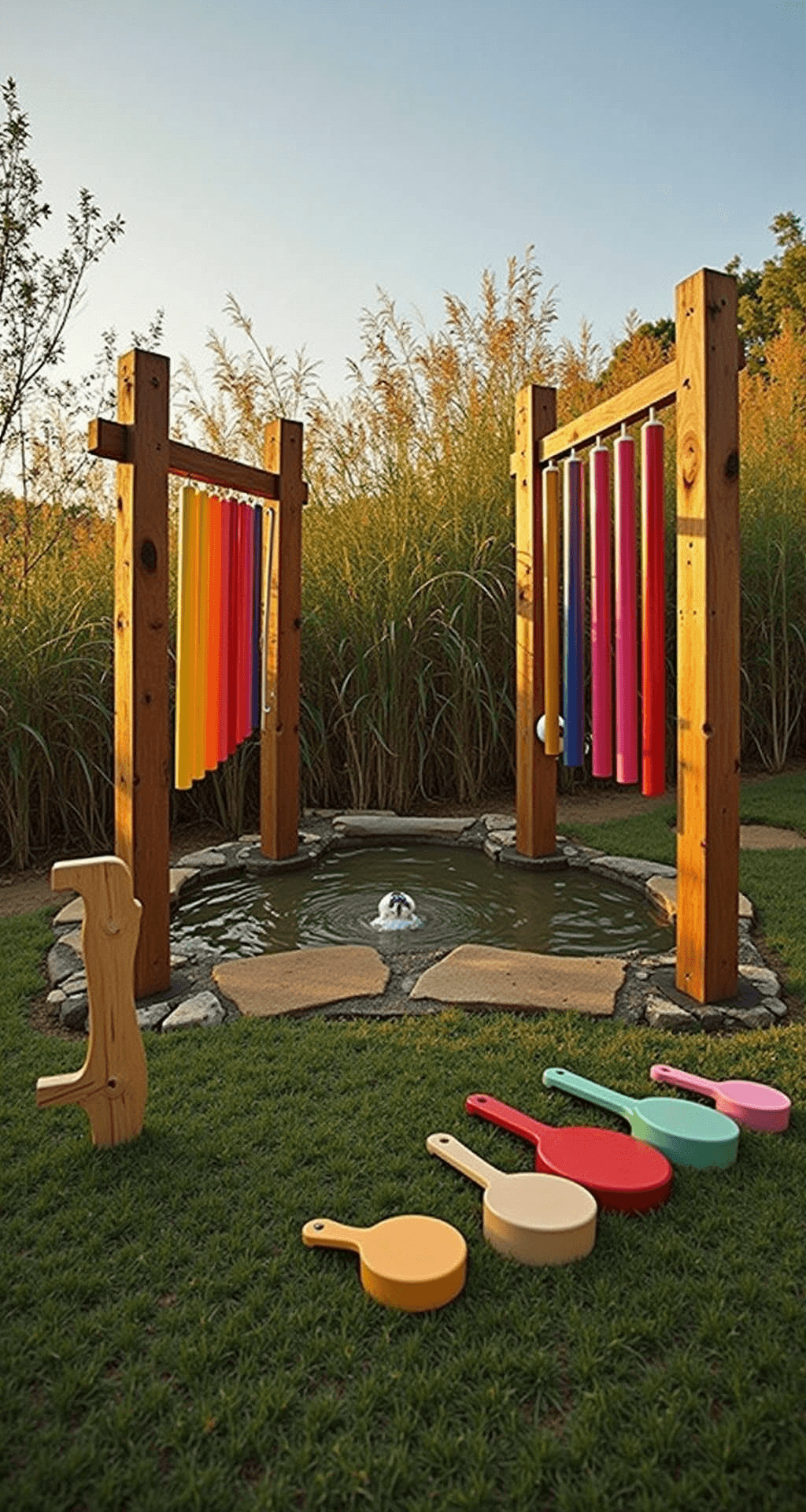A whimsical music garden at golden hour with giant color-coded chimes on reclaimed timber posts, a bamboo rain stick water feature, and rainbow-colored percussion instruments arranged in a semicircle, surrounded by tall miscanthus grass that catches the warm evening light.