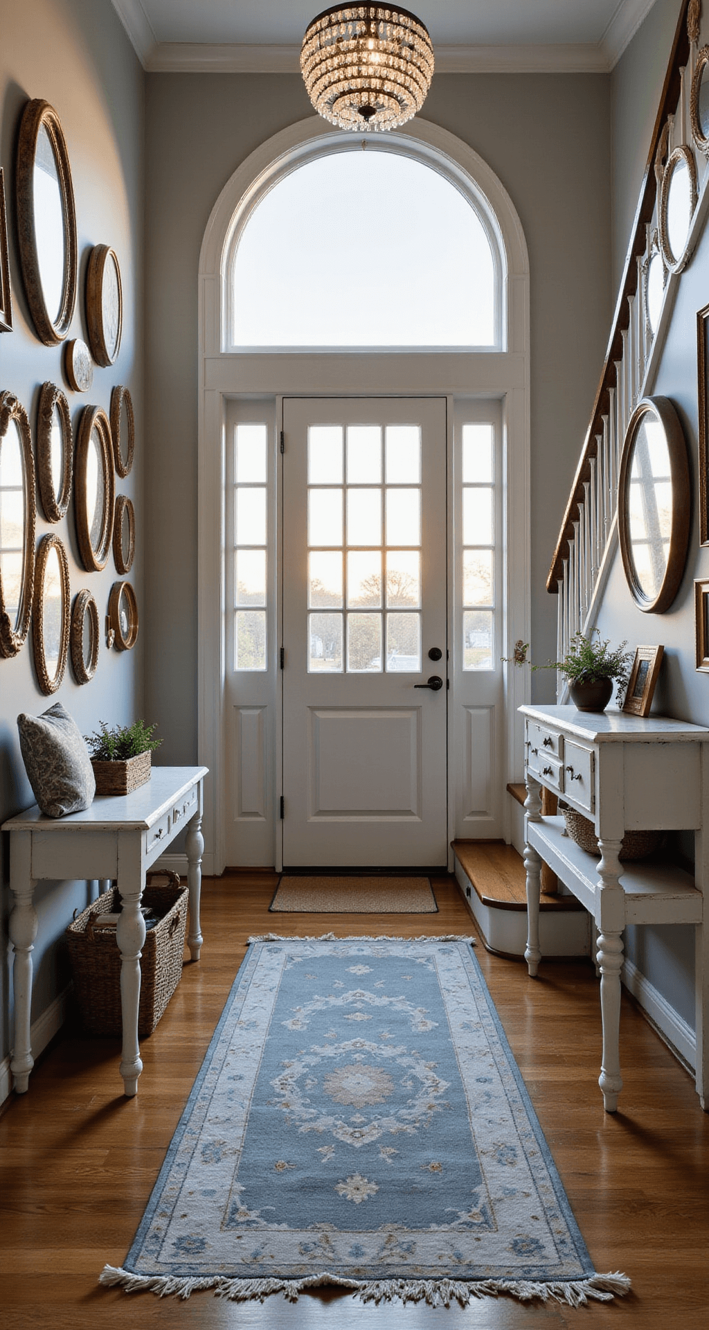 Welcoming entryway featuring an antique console table beneath a large arched window, adorned with vintage mirrors along a curved staircase, a weathered oriental runner in faded blues, and a crystal pendant that casts soft light patterns at dusk.