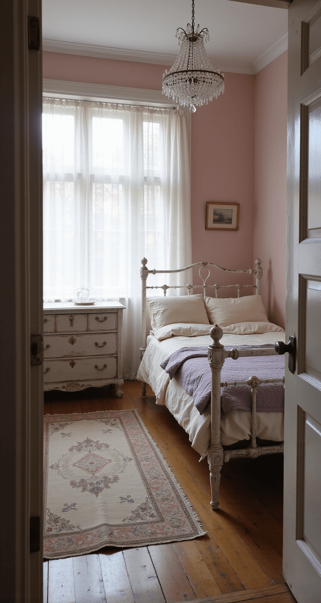 A dreamy vintage bedroom at dawn, featuring a distressed white iron bed with layered vintage linens, blush pink walls, and an ornate French provincial dresser, illuminated by soft morning light filtering through sheer lace curtains.