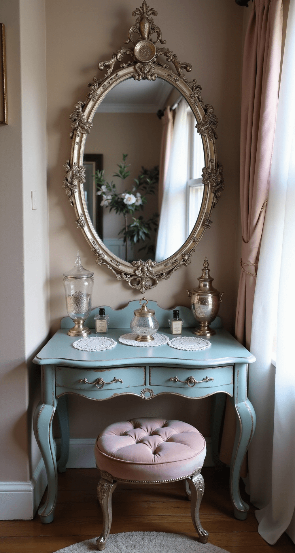 A romantic vanity corner featuring an ornate silver-gilt mirror above a painted Victorian vanity in duck egg blue, surrounded by mercury glass vessels and vintage perfume bottles, with delicate lace doilies beneath. A tufted velvet stool in muted rose complements the warm afternoon light, creating an ethereal atmosphere.