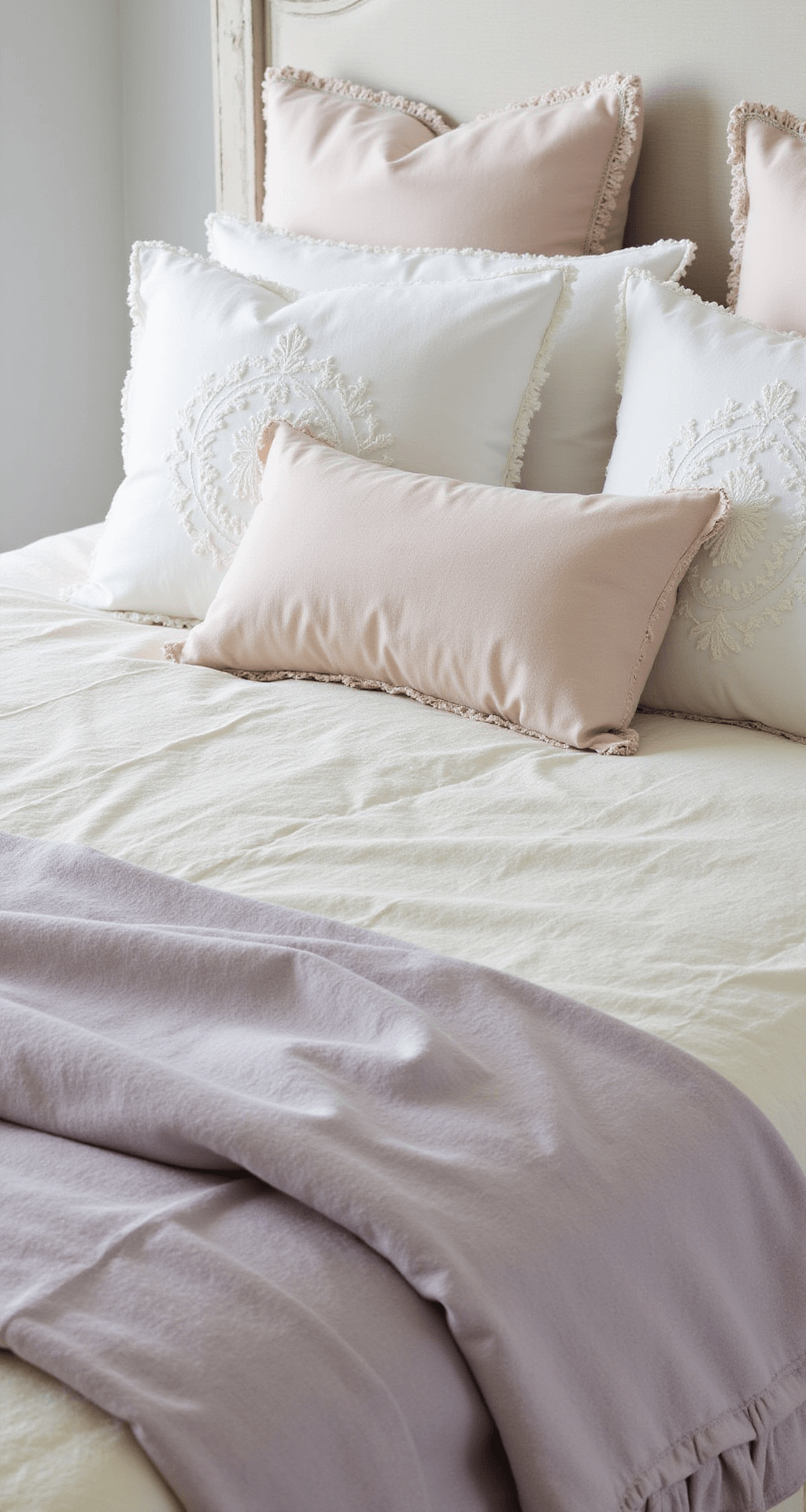 Close-up of a queen bed styled with vintage-inspired textiles, featuring a cream rumpled linen duvet, a pale lavender chenille throw, and an assortment of embroidered and ruched pillows in white, blush, and pearl grey, with antique lace trim. The distressed headboard provides a backdrop, and the image captures the textures in soft diffused window light from the left.