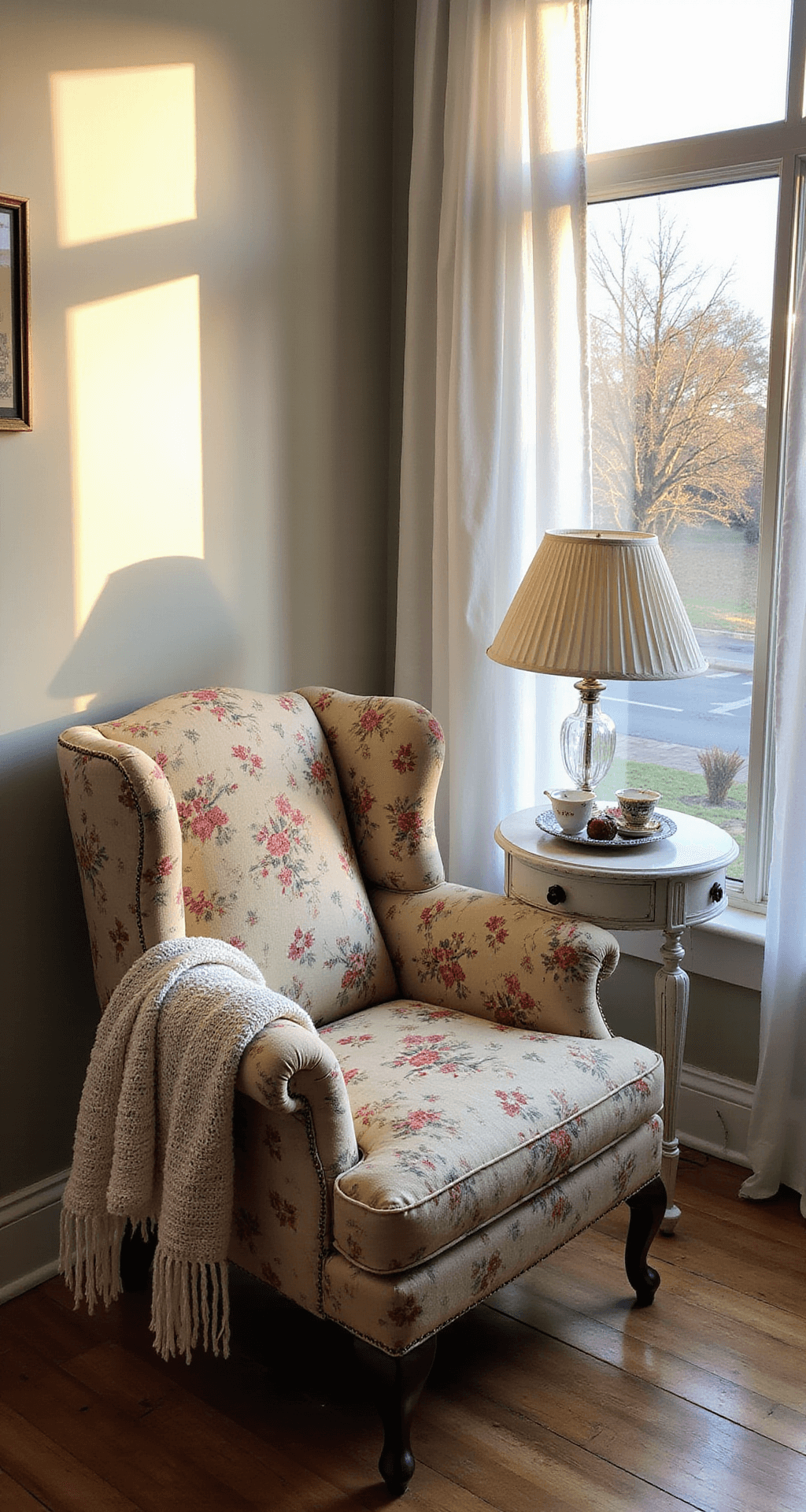 A cozy vintage reading nook featuring a weathered wingback chair reupholstered in faded floral chintz, accompanied by a chippy white side table with a tea service on a vintage tray. A handmade crochet throw is casually draped over the chair, and a crystal lamp with a pleated silk shade adds warmth. The scene is illuminated by golden hour light filtering through sheer panels, captured from a standing height at an angle.