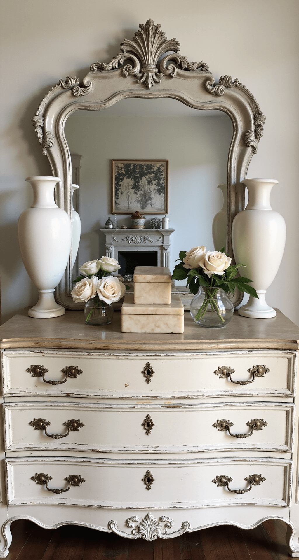 Antique French provincial dresser in distressed cream with vintage mirrors, milk glass vases of roses, and alabaster boxes, featuring tarnished brass hardware, captured in soft morning light.