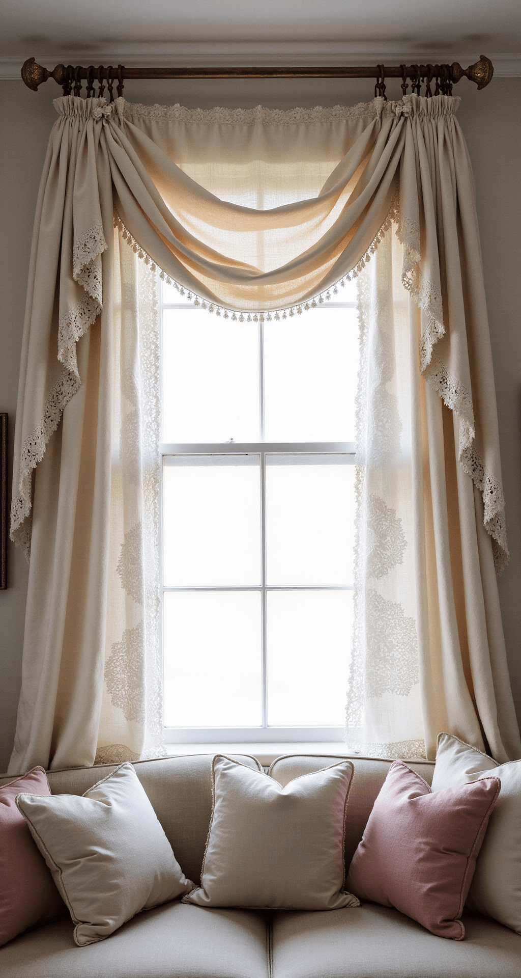 Floor-to-ceiling bay window with vintage lace panels and gathered linen drapes in cream and blush, adorned with an ornate aged brass curtain rod. A window seat below features faded velvet cushions, all captured from a low angle with backlighting for an ethereal glow.