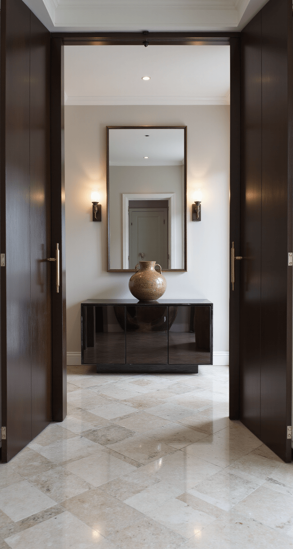 A grand entry foyer featuring a 16ft ceiling with an oversized dark bronze pivoting door, geometric marble flooring, a modern smoked glass console with an abstract mirror, minimal decor, and architectural lighting, conveying a welcoming yet dramatic atmosphere.