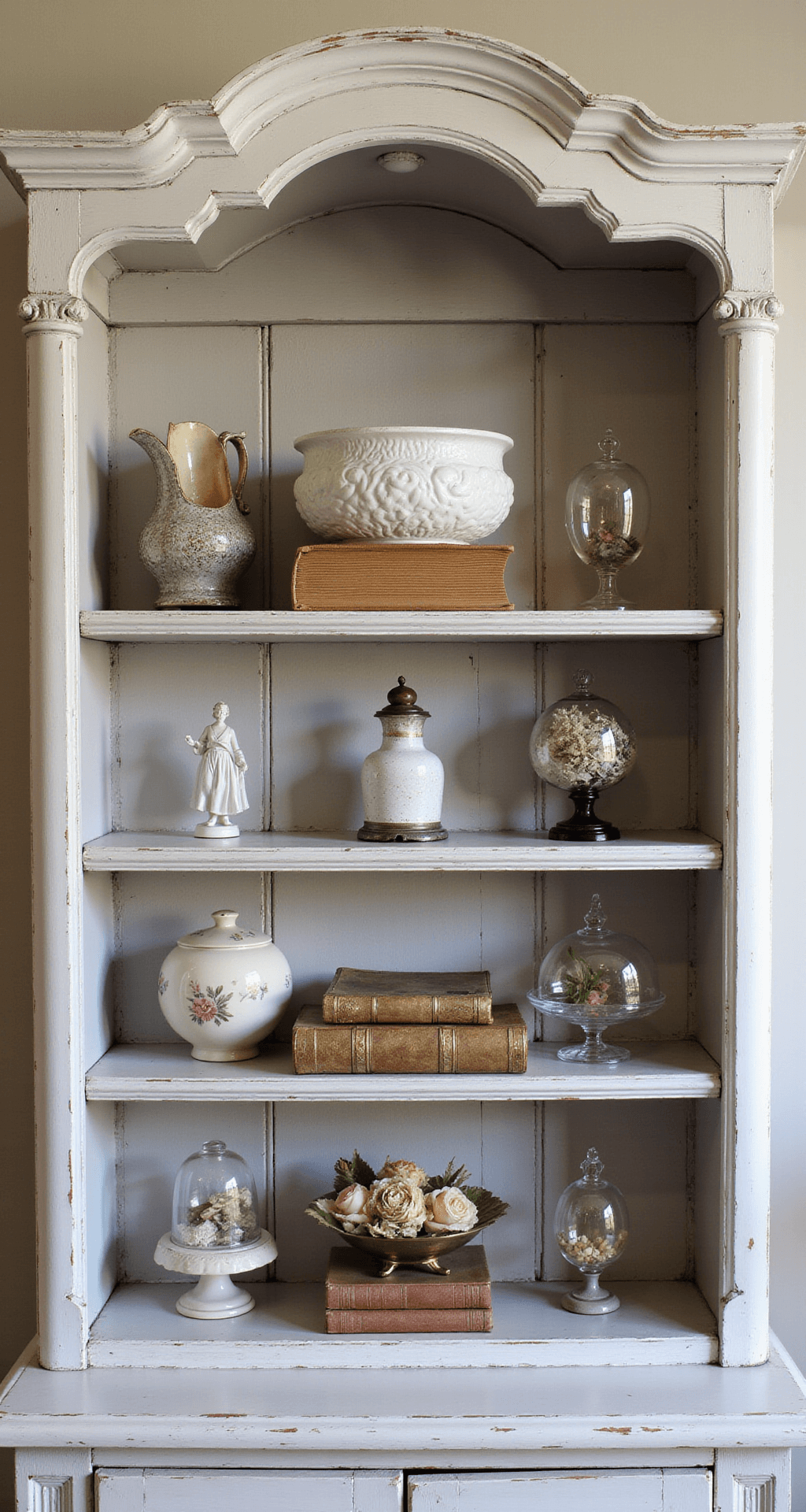 Victorian-style open shelving unit in distressed white, featuring vintage books, porcelain figurines, and mercury glass vessels, all softly lit to emphasize textures and patina.
