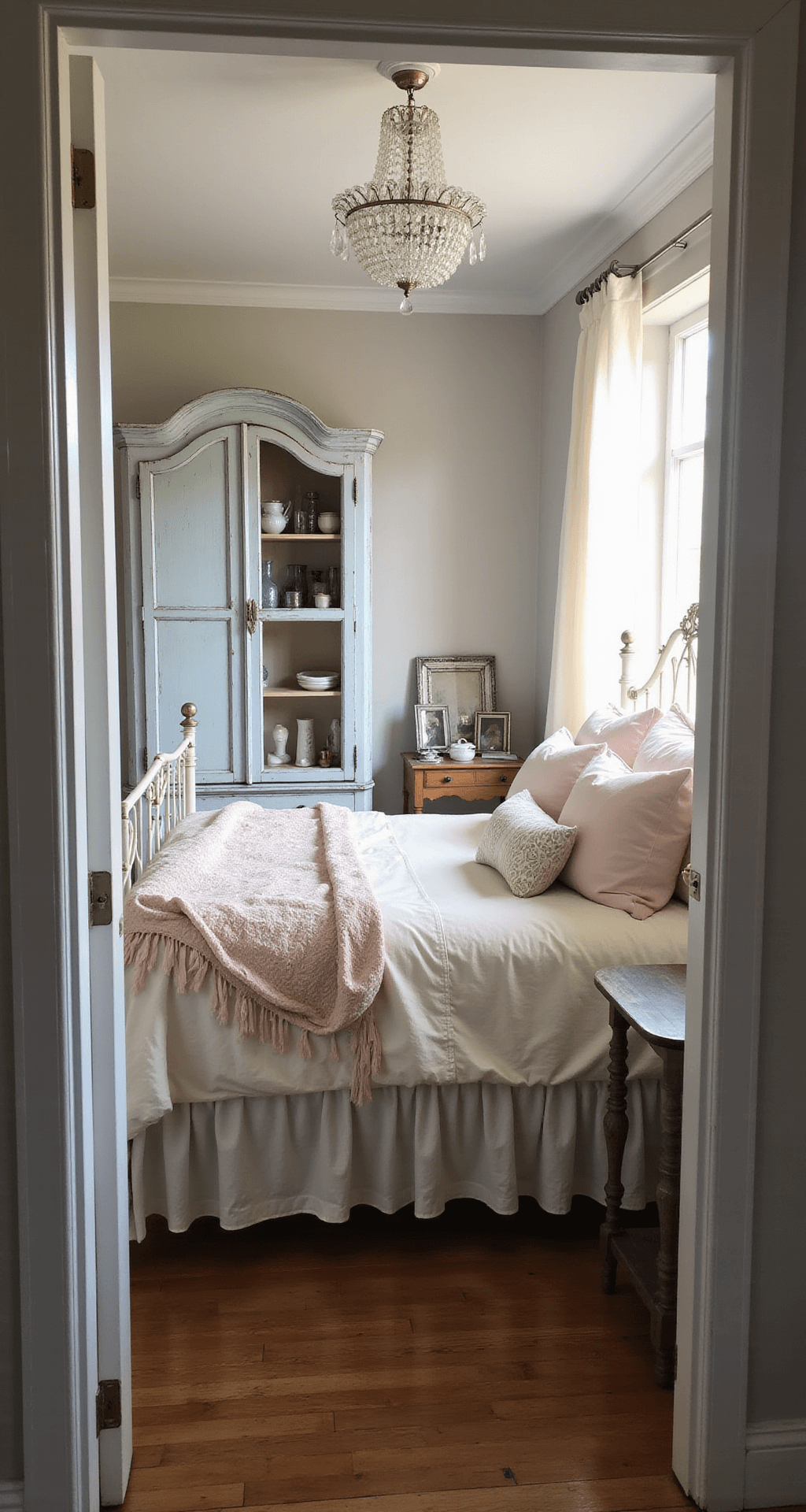 A sunlit master bedroom featuring a distressed white iron queen bed with vintage linens, a pale blue armoire, and a crystal chandelier, all captured in a wide-angle shot with soft bokeh and natural lighting.