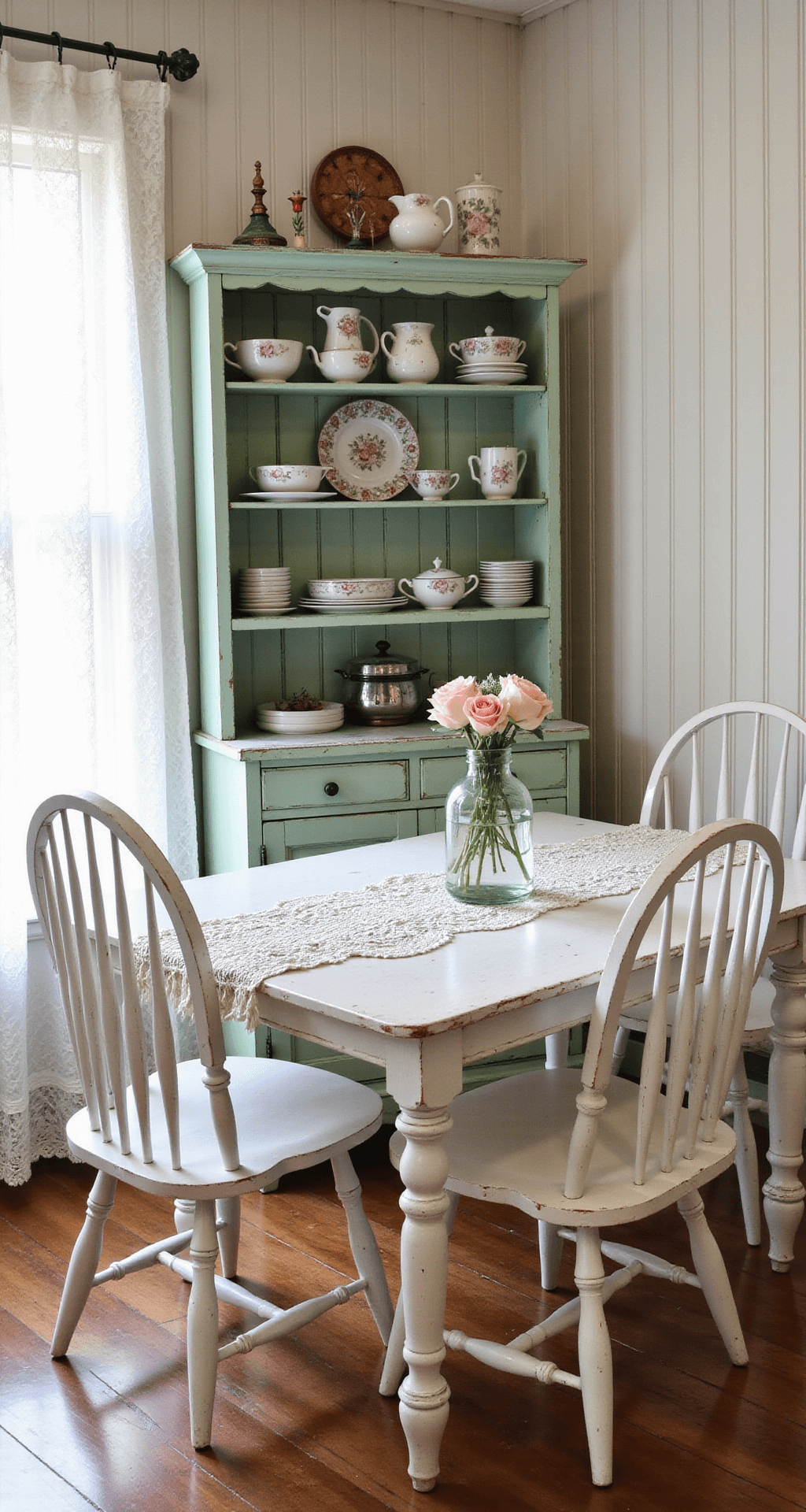 Intimate cottage kitchen nook featuring a mint green hutch with vintage teacups, a whitewashed wooden table with a crocheted runner and roses in a mercury glass vase, surrounded by white-painted windsor chairs, all bathed in soft morning light.