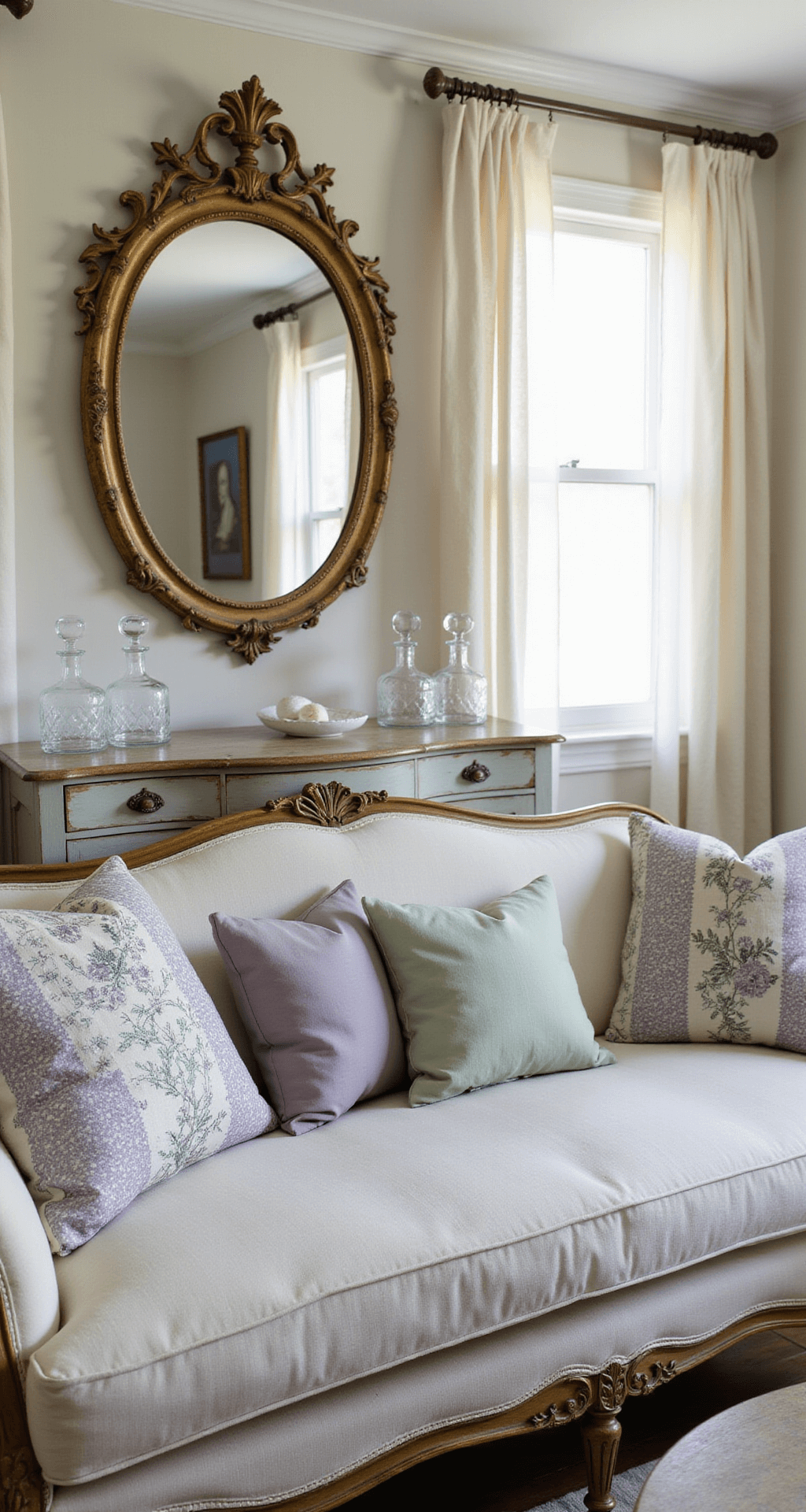 A stylish living room vignette featuring a weathered white linen French provincial sofa adorned with vintage textile pillows in lavender and sage tones, an ornate gilt mirror above, and crystal decanters on a distressed sideboard, all illuminated by warm late afternoon light.
