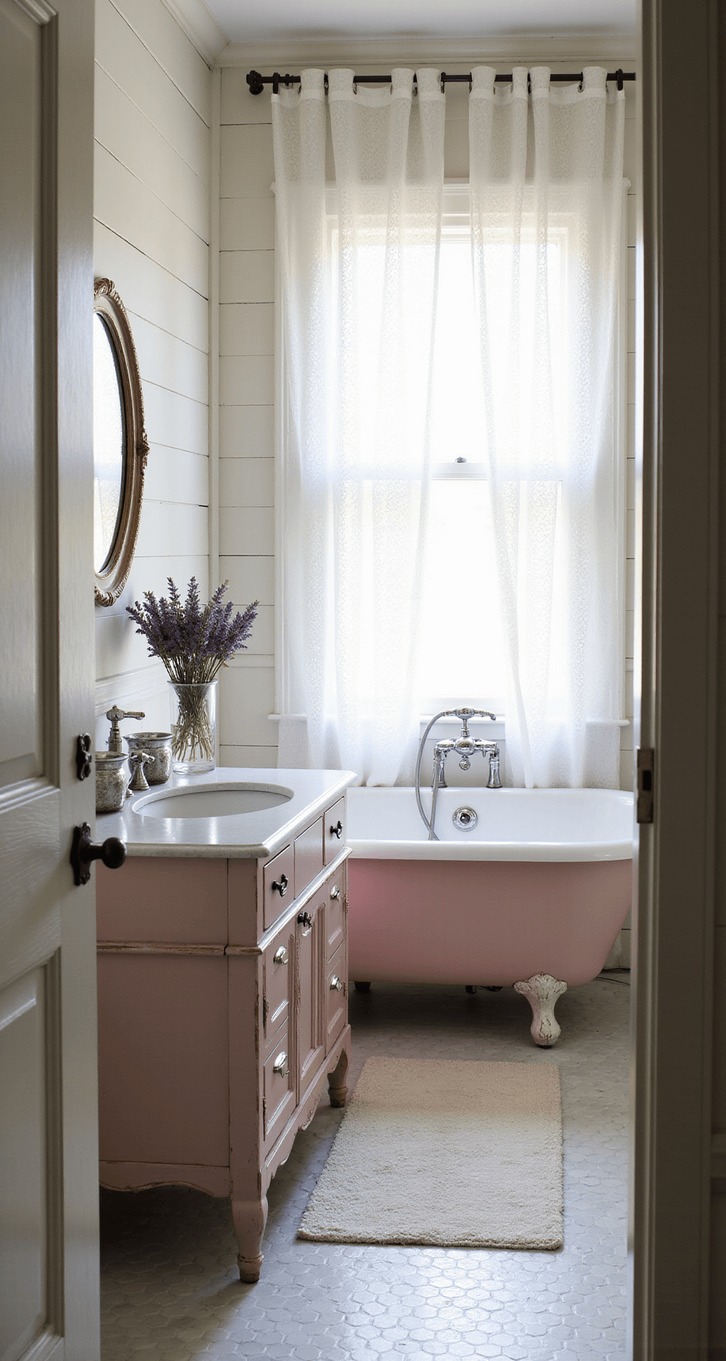 A romantic bathroom retreat featuring a clawfoot tub under a window with a vintage eyelet shower curtain, an antique pale pink vanity with an oval beveled mirror, and mercury glass containers holding dried lavender, all set against whitewashed shiplap walls and a hex tile floor, captured in soft morning light from the doorway.