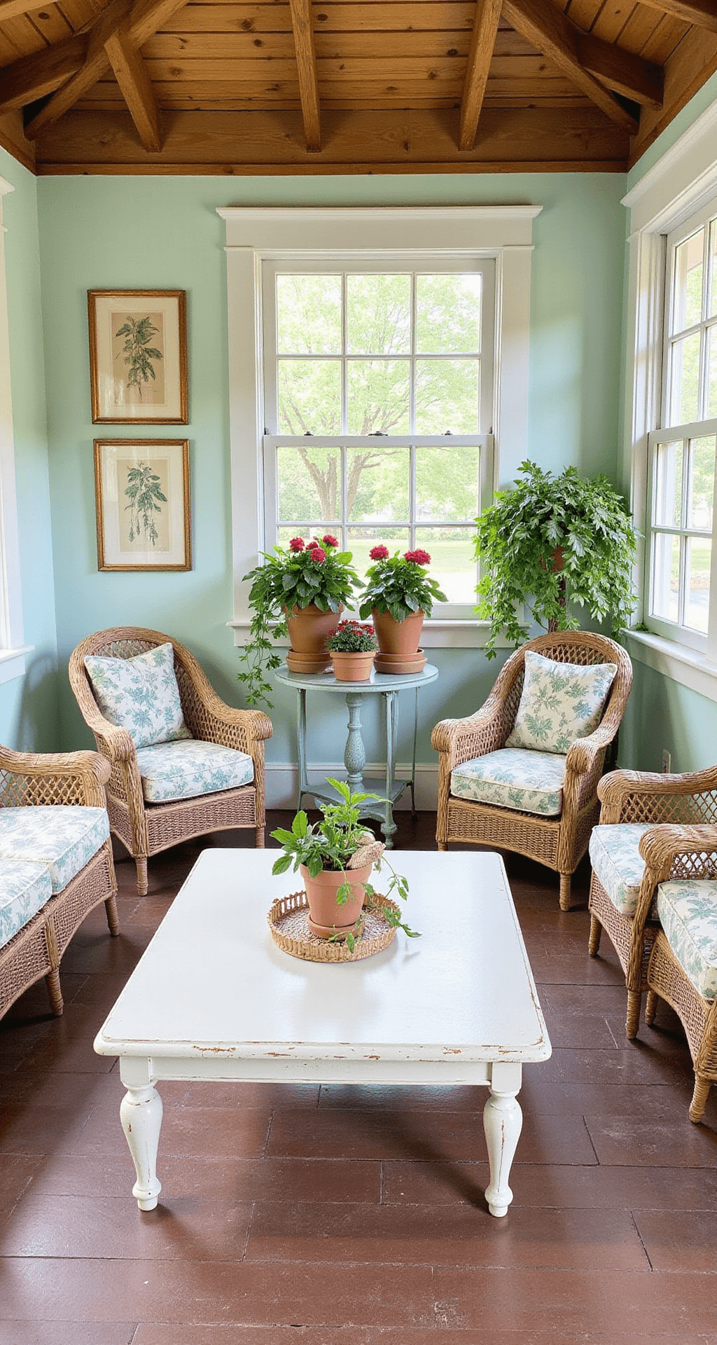 A sunlit garden-inspired sunroom featuring vintage wicker seating with floral cushions, a distressed white coffee table, and plant stands with roses and ivy, set against pale mint walls and wooden beams, enhancing the indoor-outdoor flow.
