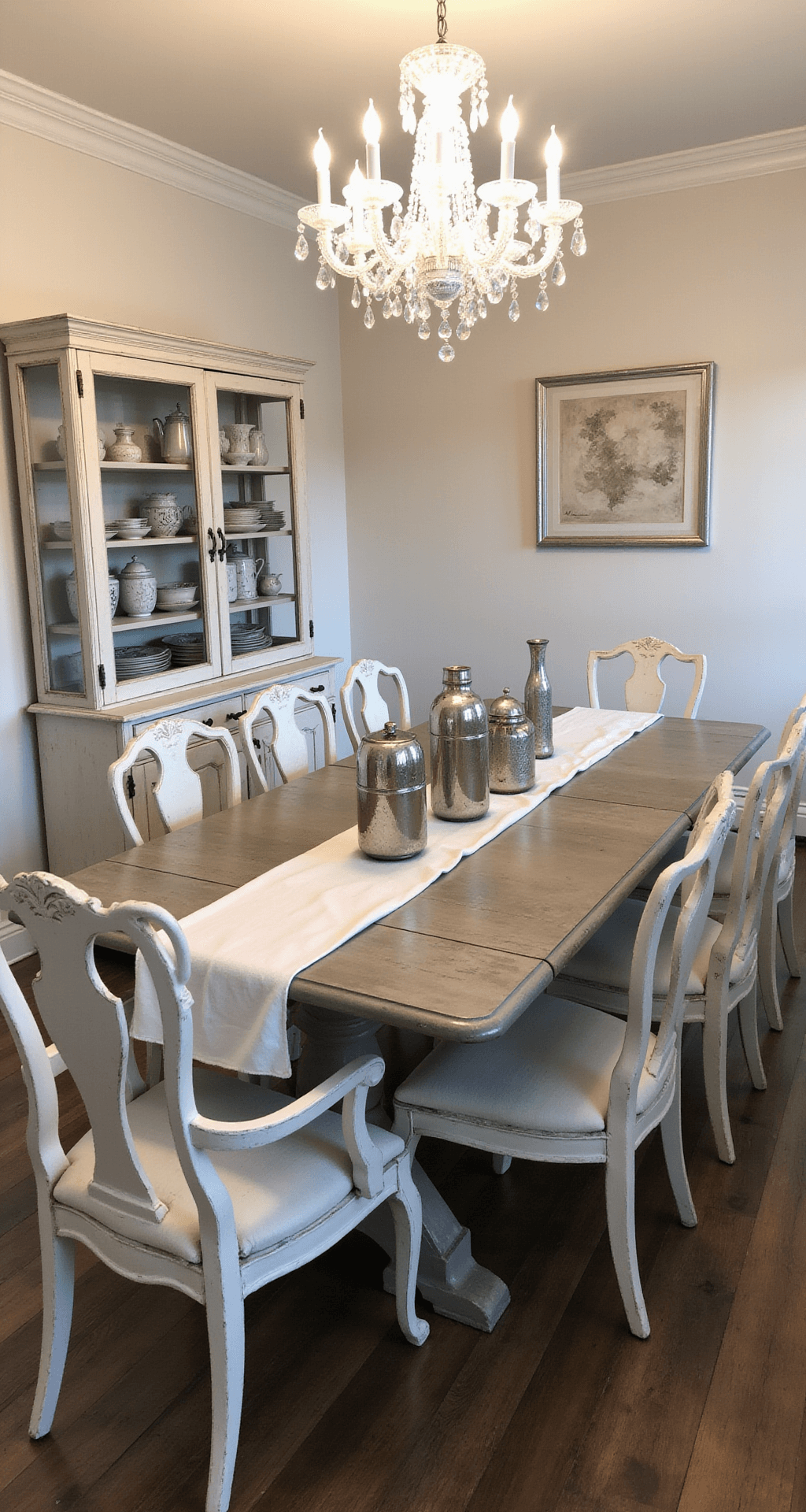 A dreamy dining space at twilight featuring a long weathered grey farmhouse table set with a vintage French linen runner and an assortment of mercury glass vases. Mismatched white-painted chairs show subtle distressing, and a low-dimmed crystal chandelier casts a warm glow. An antique buffet showcases a collection of ironstone, while soft cream walls with architectural molding complete the elegant ambiance. The image is captured from a slight elevation, highlighting the full table setting.