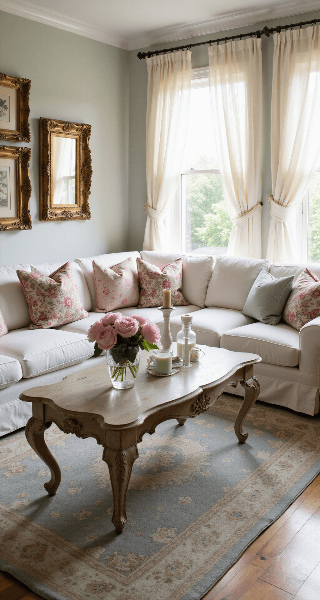Sun-drenched living room with a distressed white slipcovered sofa, vintage floral pillows, a weathered French provincial coffee table on a faded Persian rug, and gauzy white curtains, bathed in soft natural light during golden hour.