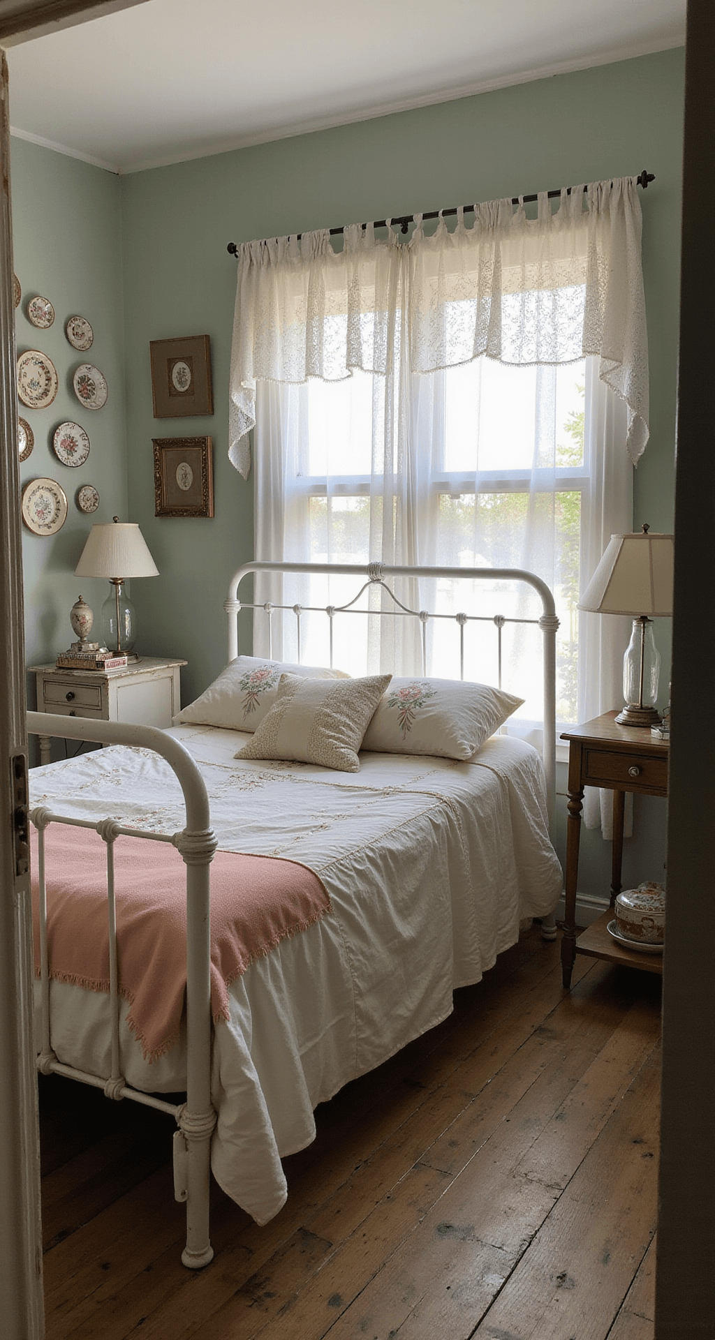 A cozy 12'x14' bedroom at dawn with a wrought iron bed dressed in vintage linens, antique lace curtains filtering soft morning light, and framed Victorian floral china plates adorning the walls, creating an ethereal atmosphere.