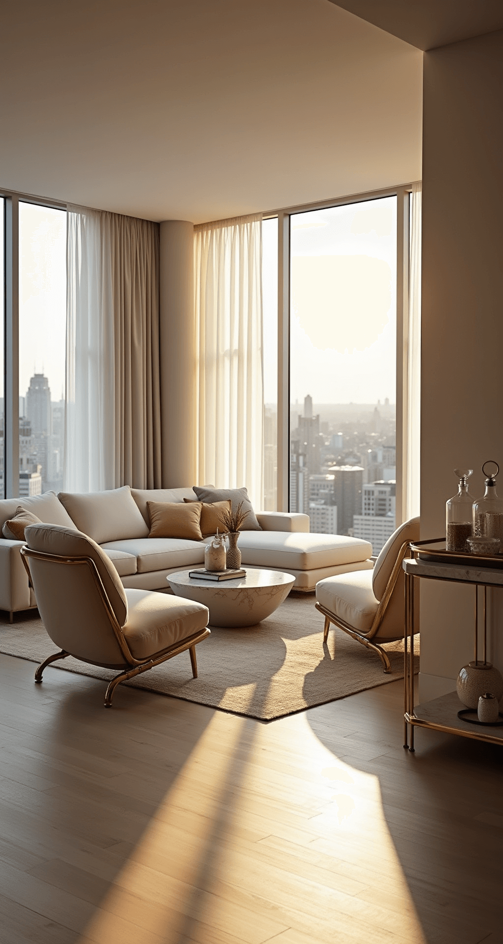 A sophisticated modern living room featuring floor-to-ceiling windows, a cream bouclé sectional, brass accent chairs, and a marble coffee table. The space is illuminated by golden hour light, with layered textures and a stylish bar cart, all set against a warm color palette.