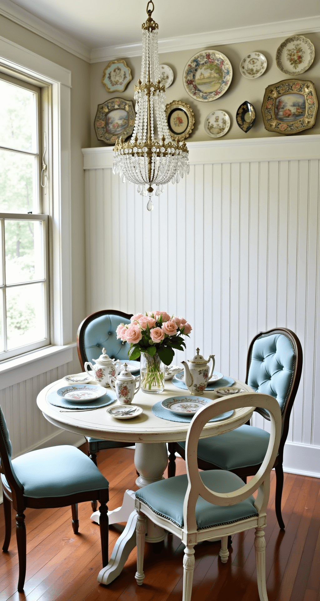 A cozy 10'x12' dining nook with a round pedestal table set for tea, surrounded by mismatched vintage chairs, a crystal chandelier above, and decorative plates on beadboard walls.