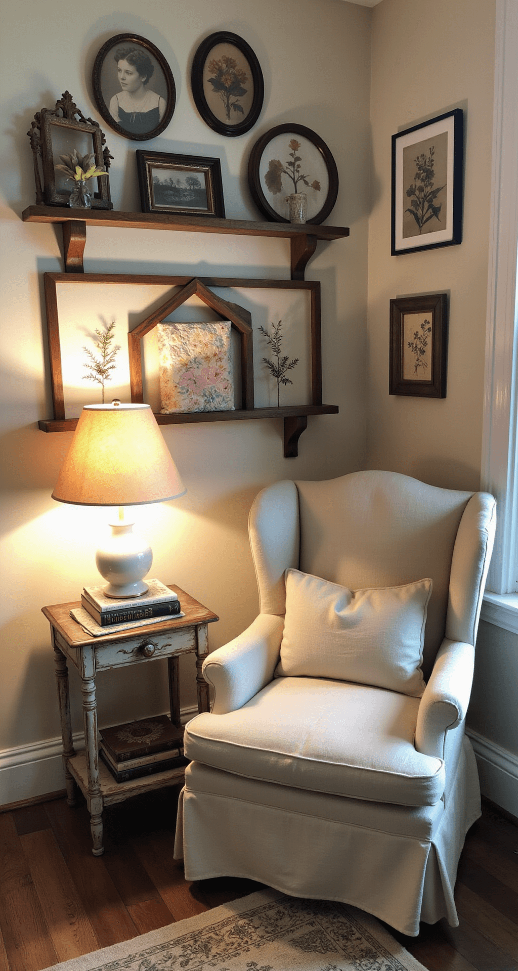 A cozy reading corner featuring a slipcovered bergère chair, chippy side table with a milk glass lamp, antique oval frames, and a weathered ladder shelf, all illuminated by warm lamp light at dusk.