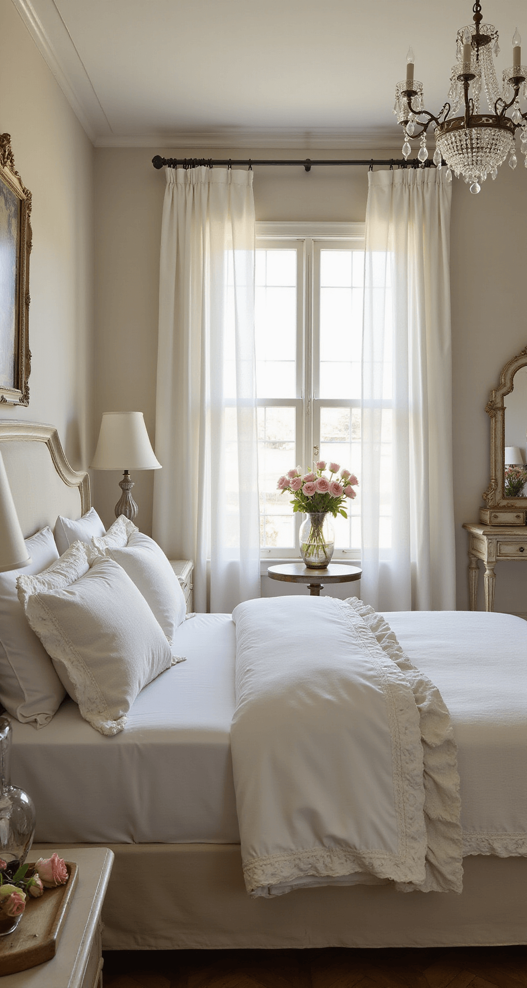 A beautifully styled master bedroom suite featuring a French provincial bed with layered white bedding, crystal sconces, an antiqued mirror, and tulle curtains, all illuminated by soft morning light.