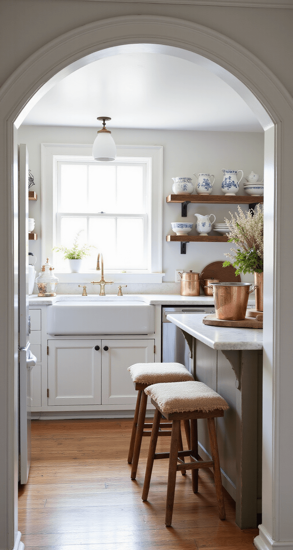 A cozy cottage kitchen with open white shelving displaying ironstone pitchers and cake stands, a farmhouse sink with brass fixtures under a café curtain window, a painted wooden island with a marble top and vintage bar stools, accented by copper pots and dried herbs, all illuminated by bright clean lighting.