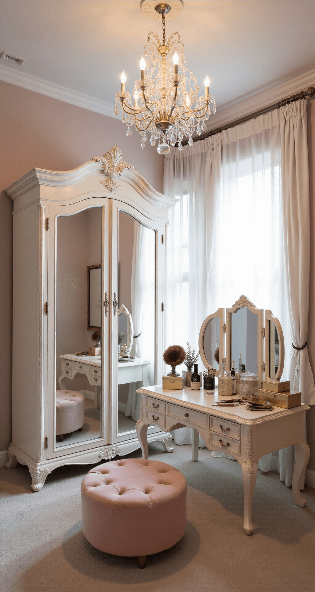 An elegant dressing room with soft afternoon light illuminating a vintage crystal chandelier, a chalk white French armoire with mirrored doors, a blush velvet tufted ottoman in front of a tri-fold vanity mirror, and decorative vintage items on pale pink walls.