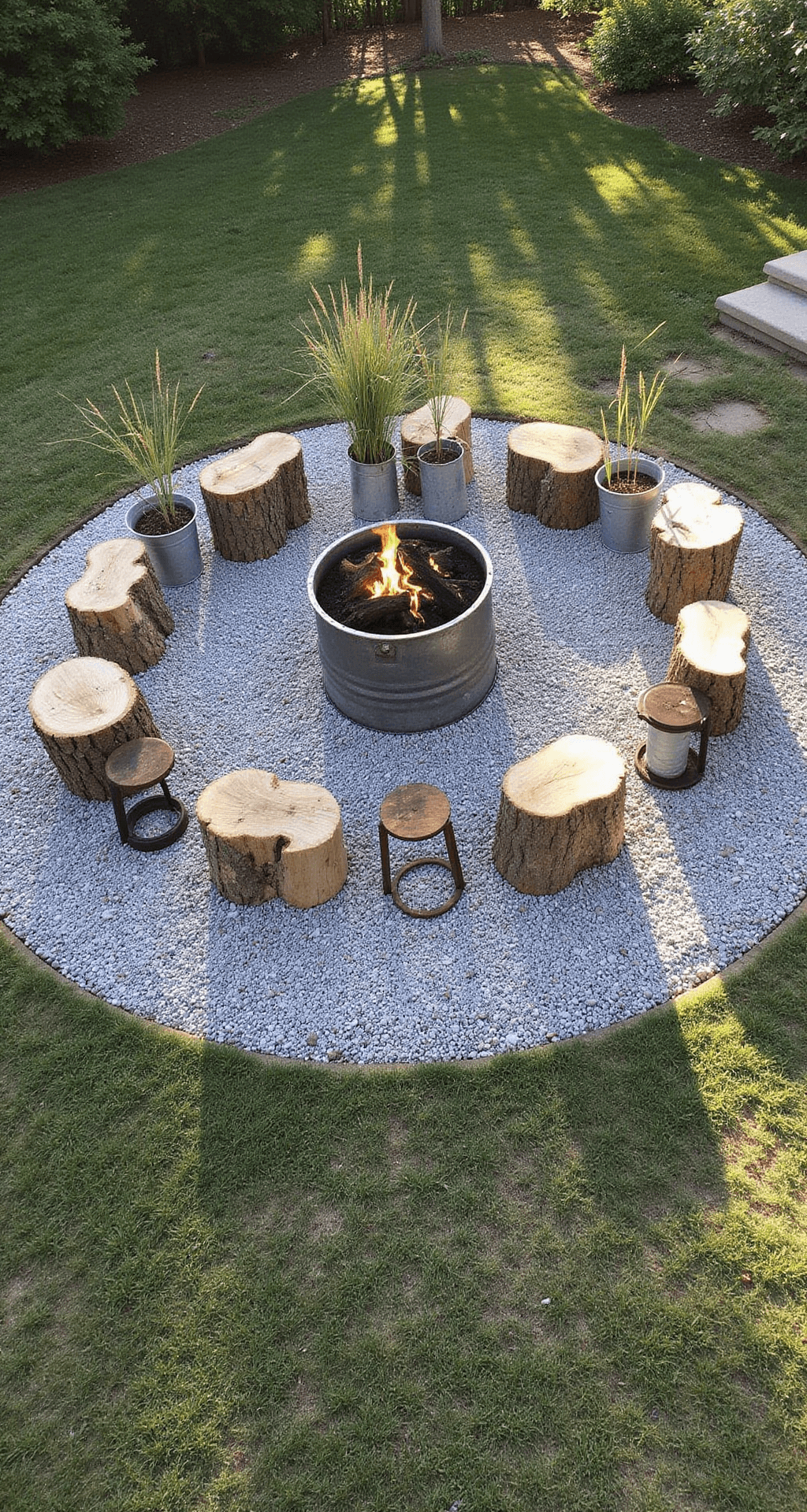 Aerial view of a circular outdoor gathering space featuring a washing machine drum fire pit surrounded by tree stump seating and potted grasses on a crushed granite surface, illuminated by morning light. Vintage galvanized buckets serve as side tables, showcasing an industrial-meets-nature aesthetic.