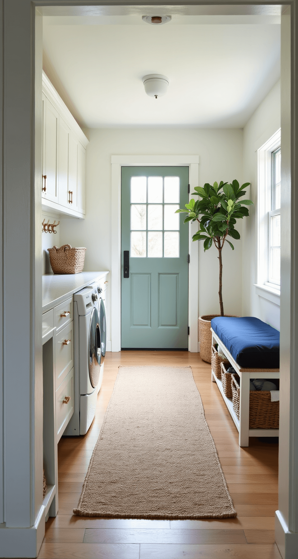 A spacious mudroom-laundry combo with white shaker cabinets, quartz folding countertop, built-in bench with navy cushions, and sage green Dutch door, illuminated by soft morning light.