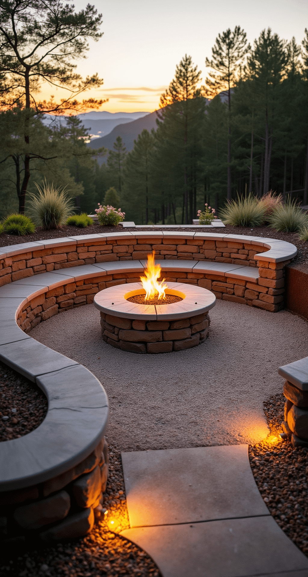 A sunken fire pit area at sunset featuring a curved stone retaining wall with seating, centered around a natural gas fire ring. The floor is made of decomposed granite with integrated LED path lighting, and ornamental grasses are potted around the space, all in warm gray and tan tones that complement the copper fire feature.