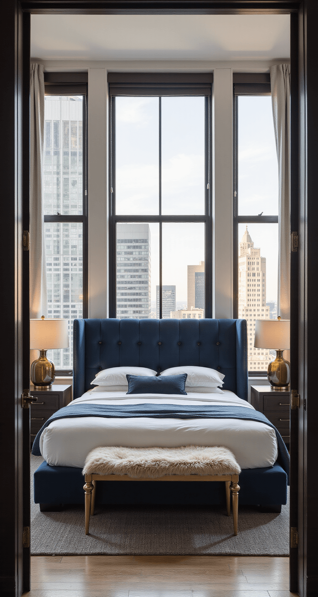 A luxurious master bedroom featuring a platform bed with a deep navy tufted velvet headboard, adorned with hotel-white linens and cashmere throws, set against dramatic downtown LA views. The room is bathed in early morning light filtering through automated sheer blinds, complemented by brass nightstands, smoky glass lamps, a Mongolian wool bench, and oversized abstract art in blues and golds, all creating a serene ambiance.