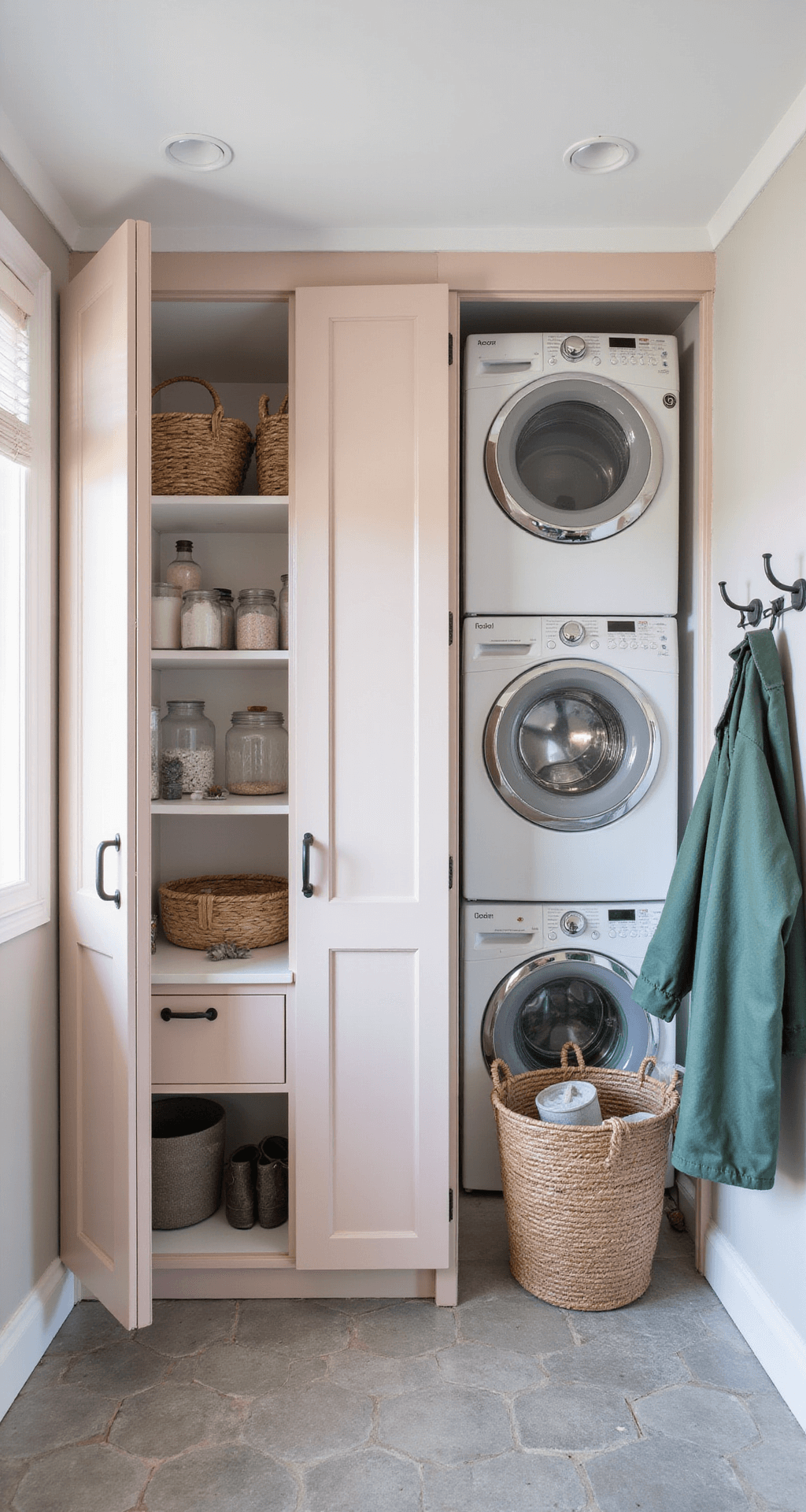 A stylish 6x13 ft mudroom-laundry space featuring recessed LED lighting, a concealed stacked washer-dryer behind blush bifold doors, open shelving with baskets and jars, a narrow hairpin-leg console table with a mirror and succulent, wall-mounted matte black hooks, and hexagonal gray cement tile flooring.