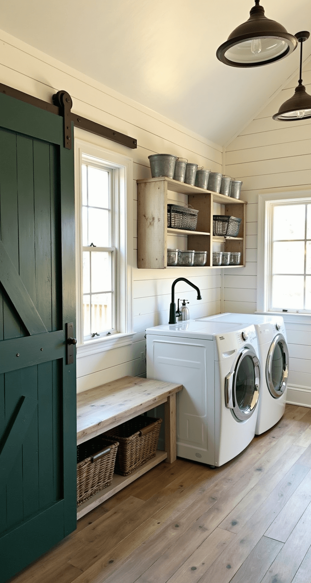 A bright and inviting farmhouse-inspired mudroom-laundry room with creamy white shiplap walls, dark bronze hardware, a farmhouse sink, and front-loading washer and dryer, featuring open shelving with galvanized bins, a distressed wood bench, and vintage schoolhouse pendants, all illuminated by warm afternoon light.