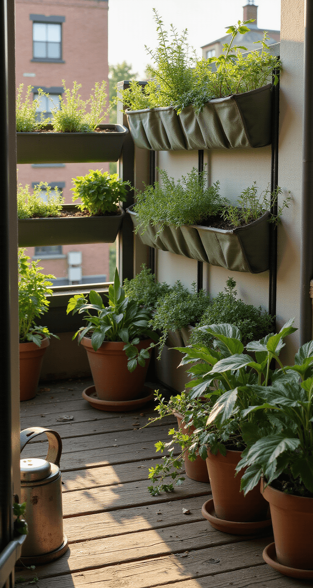 An intimate 6x8ft apartment balcony featuring a vertical pocket garden made from sage green shoe organizers filled with herbs, illuminated by golden hour light casting long shadows on the weathered wooden decking, with a vintage metal watering can and terracotta pots creating a cozy atmosphere.
