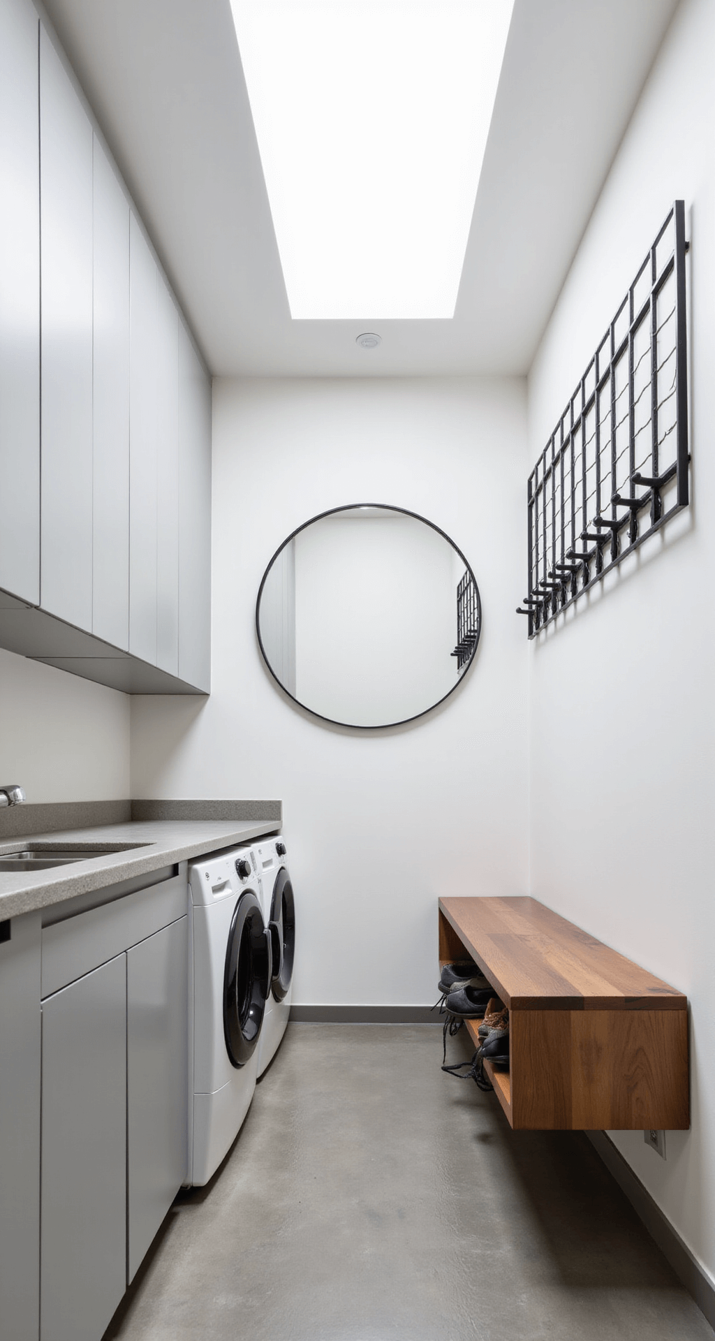 A modern-minimalist mudroom-laundry space featuring sleek light gray cabinets, a concrete countertop, a warm walnut floating bench with hidden shoe storage, black metal hooks, and a round mirror; illuminated by a skylight with polished concrete flooring and underfloor heating, all in a neutral color palette.