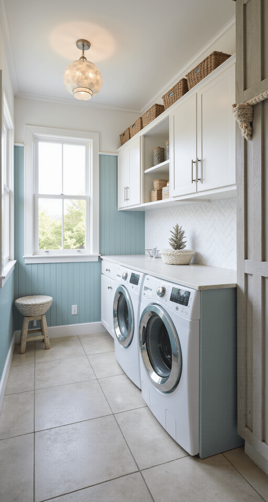 A bright coastal-inspired mudroom-laundry room featuring pale blue beadboard walls, white cabinets, a marble herringbone backsplash, and a wall-mounted drying rack in driftwood gray. Built-in lockers with woven baskets and a capiz shell chandelier add charm to the space, complemented by weathered wood-look porcelain tile flooring.