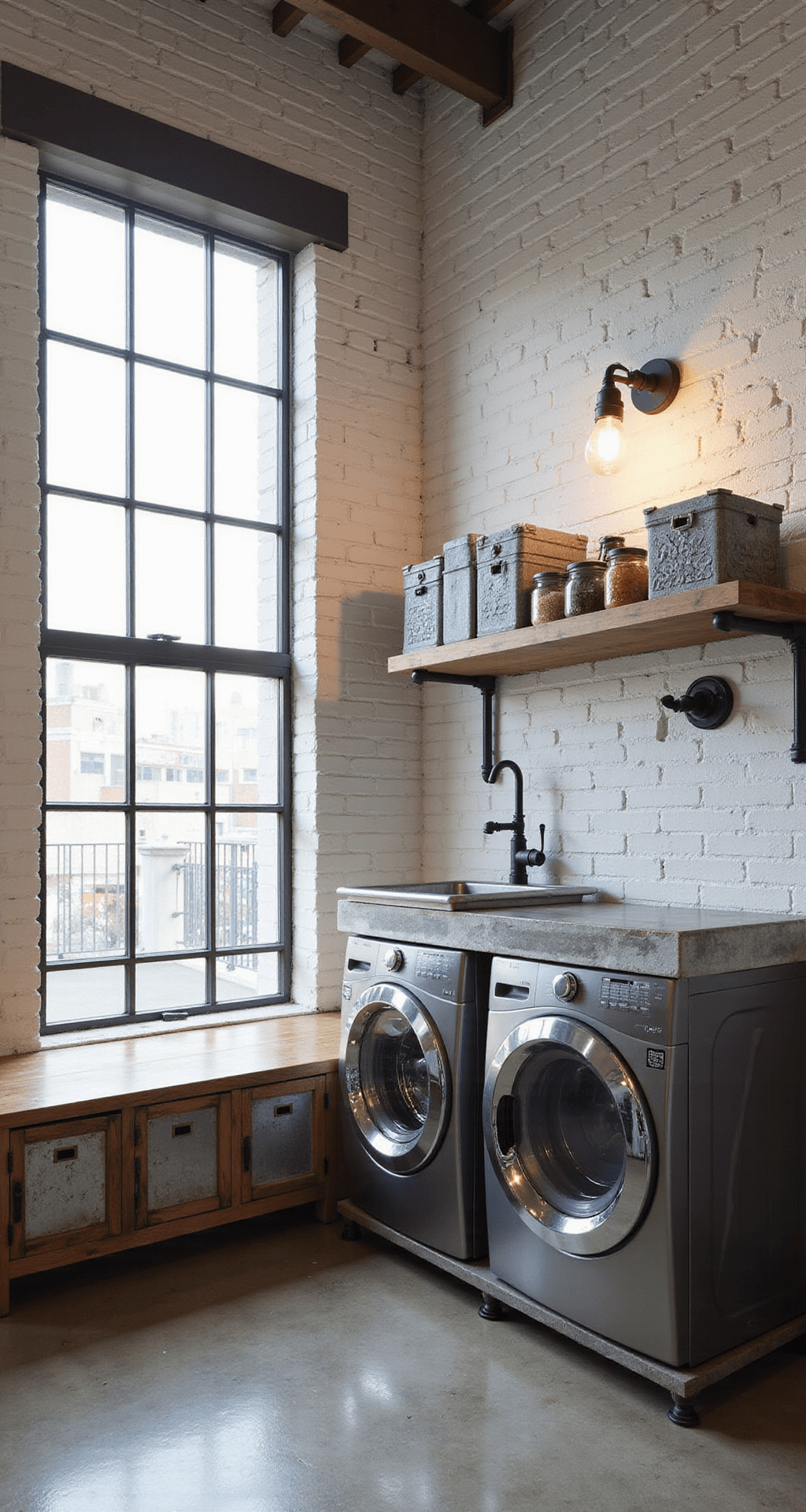 Industrial-chic mudroom-laundry room featuring exposed white brick walls, large factory-style windows, commercial-grade stainless steel washer and dryer on a raised platform, pipe shelving with metal bins and glass jars, a utility sink, reclaimed wood and steel bench, vintage gym locker units, Edison bulb pendant lights, and polished concrete flooring.